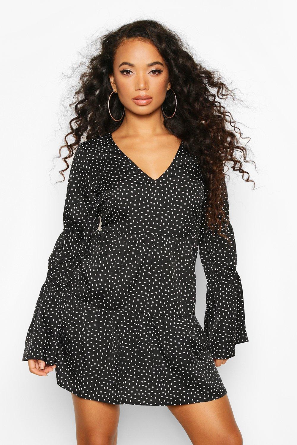 

Petite Sheered Sleeve Polka Dot Smock Dress, Black