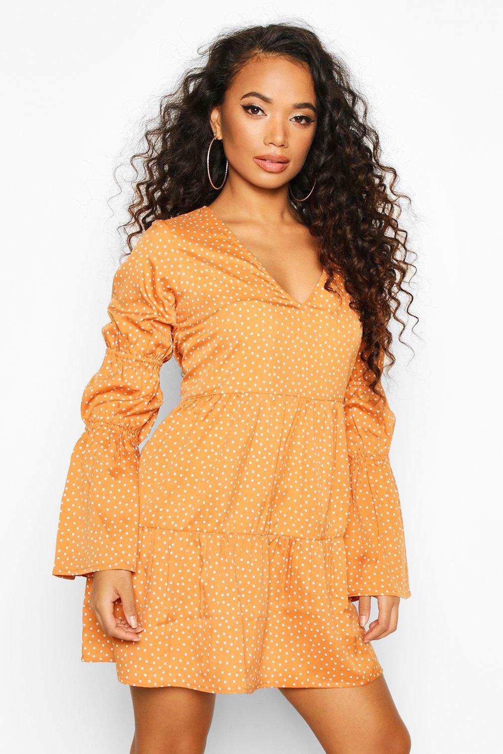 

Petite Sheered Sleeve Polka Dot Smock Dress, Camel