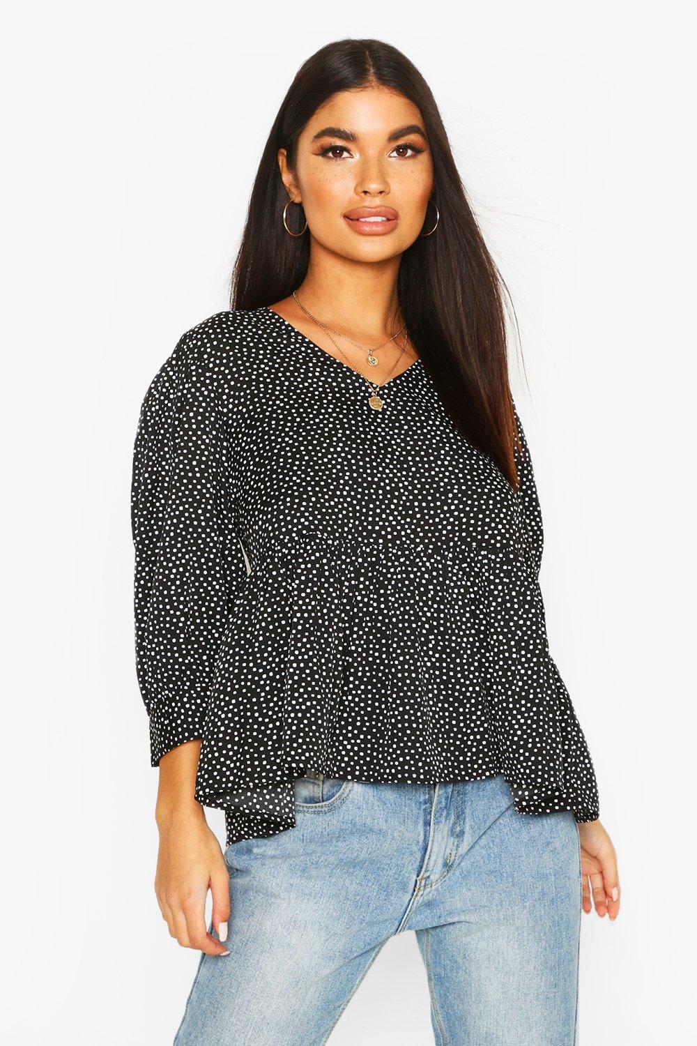 

Petite Mini Polka Dot Volume Sleeve Smock Top, Black