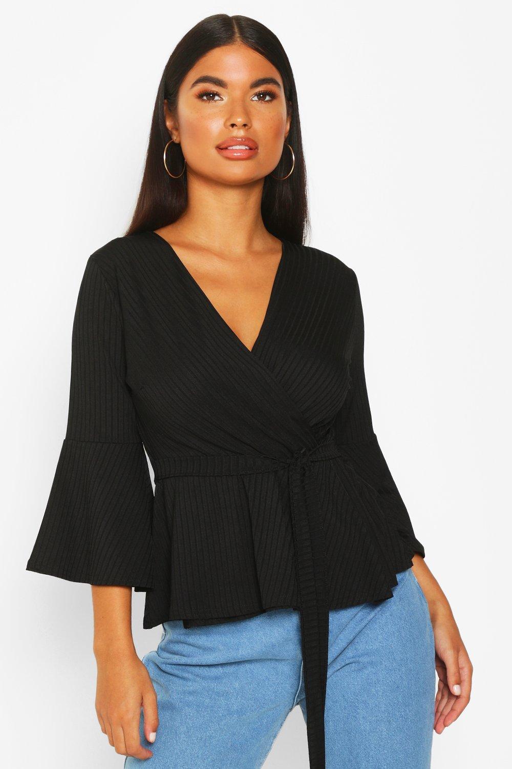 

Petite — Топ в рубчик с запахом и баской, Black