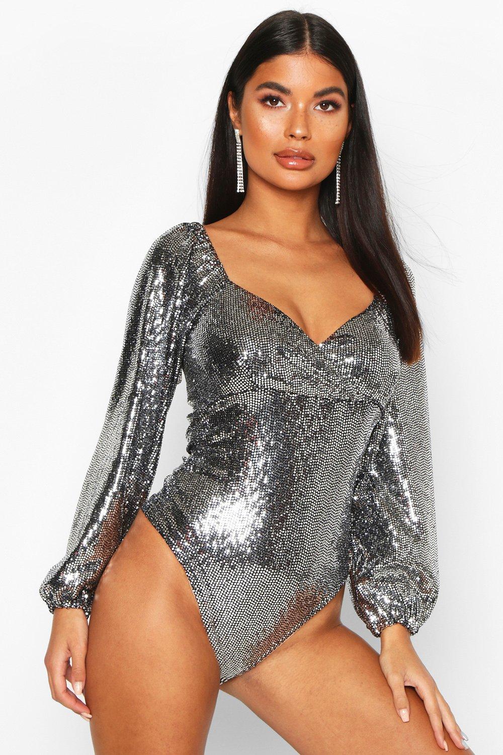 

Petite — Боди с рукавами-баллонами, с запахом и блестками на рукавах, Silver
