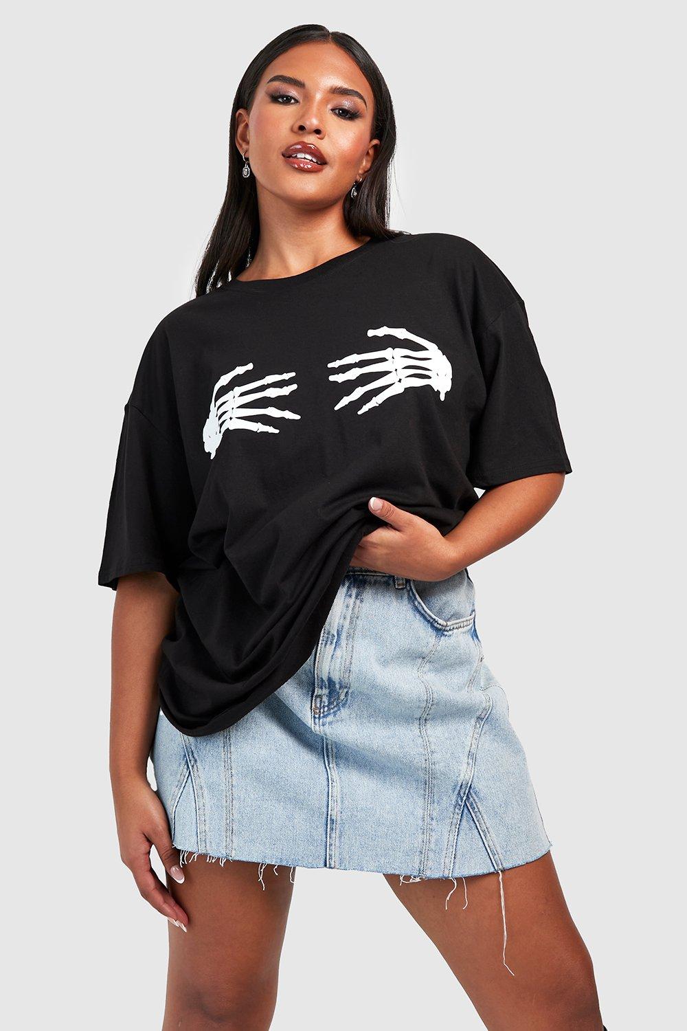 Image of T-shirt Plus Size di Halloween con stampa di mani di scheletro, Nero