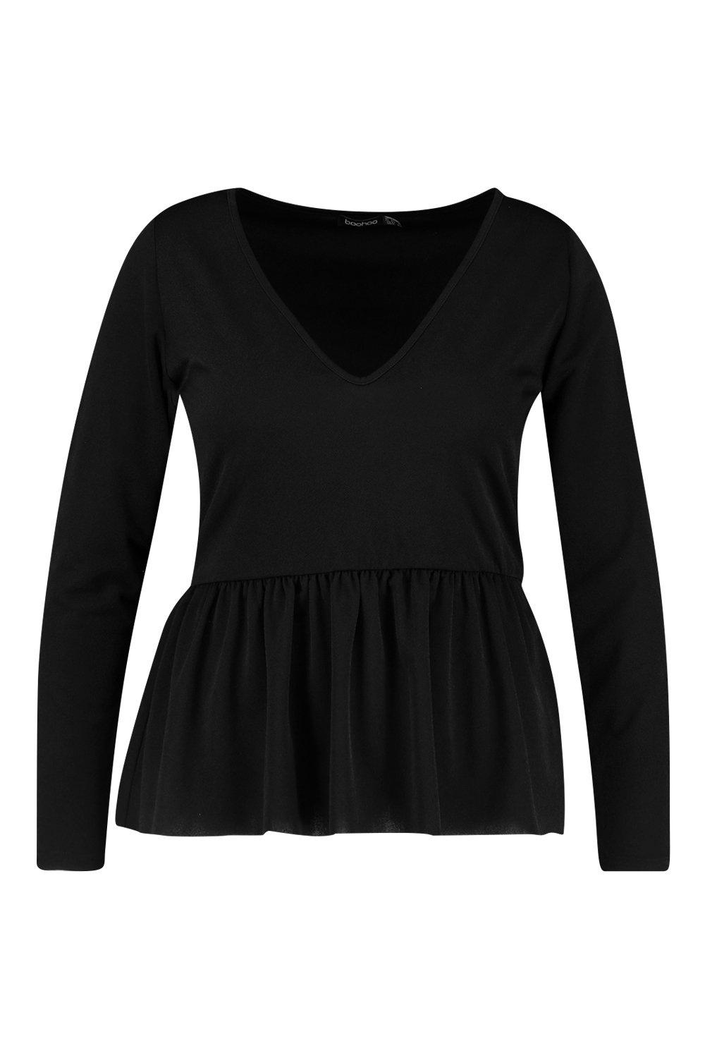

Плюс сайз — Свободный топ с V-образным вырезом и длинными рукавами, Black