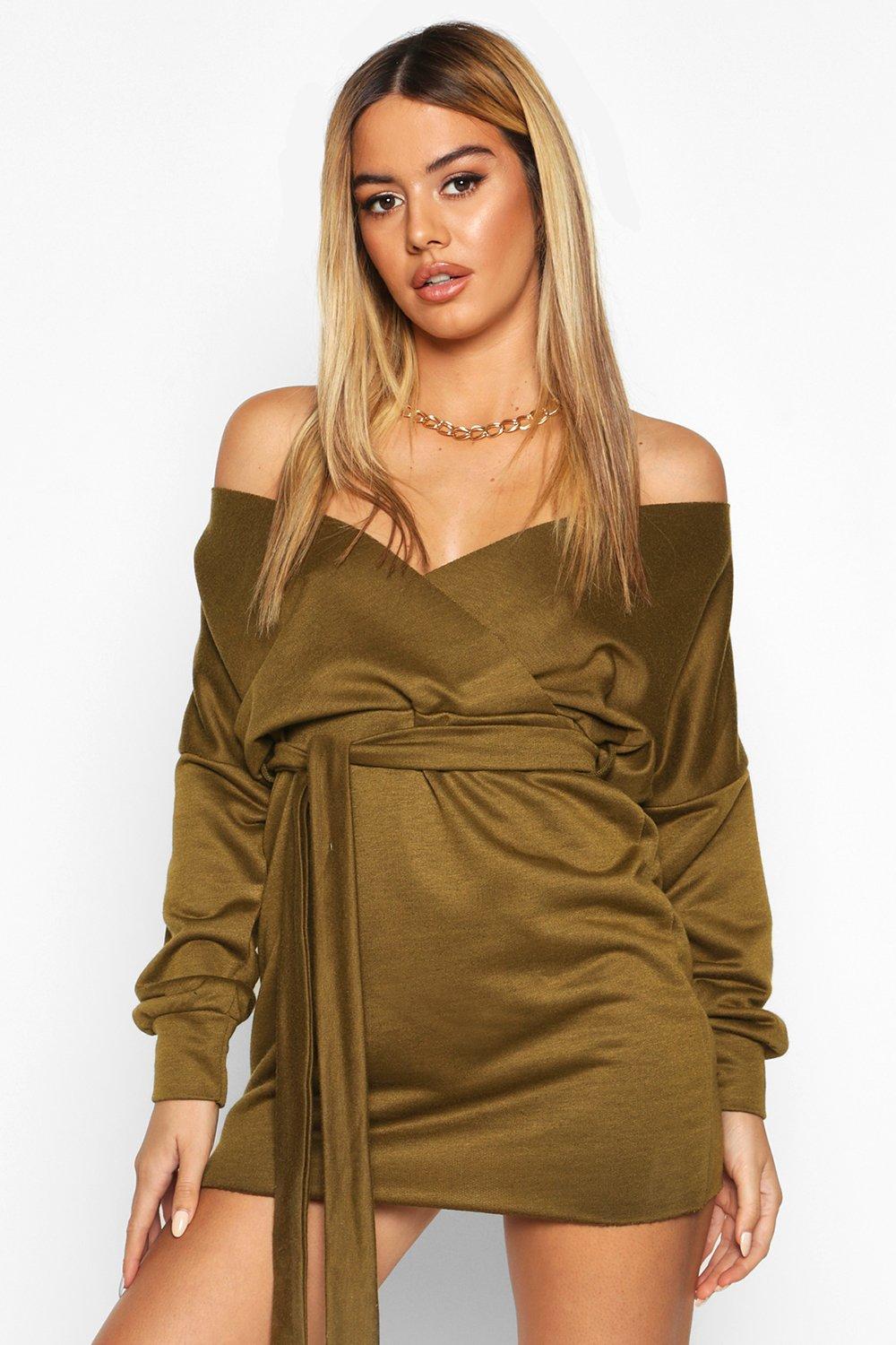 

Petite — Платье-толстовка с открытыми плечами и поясом, Khaki