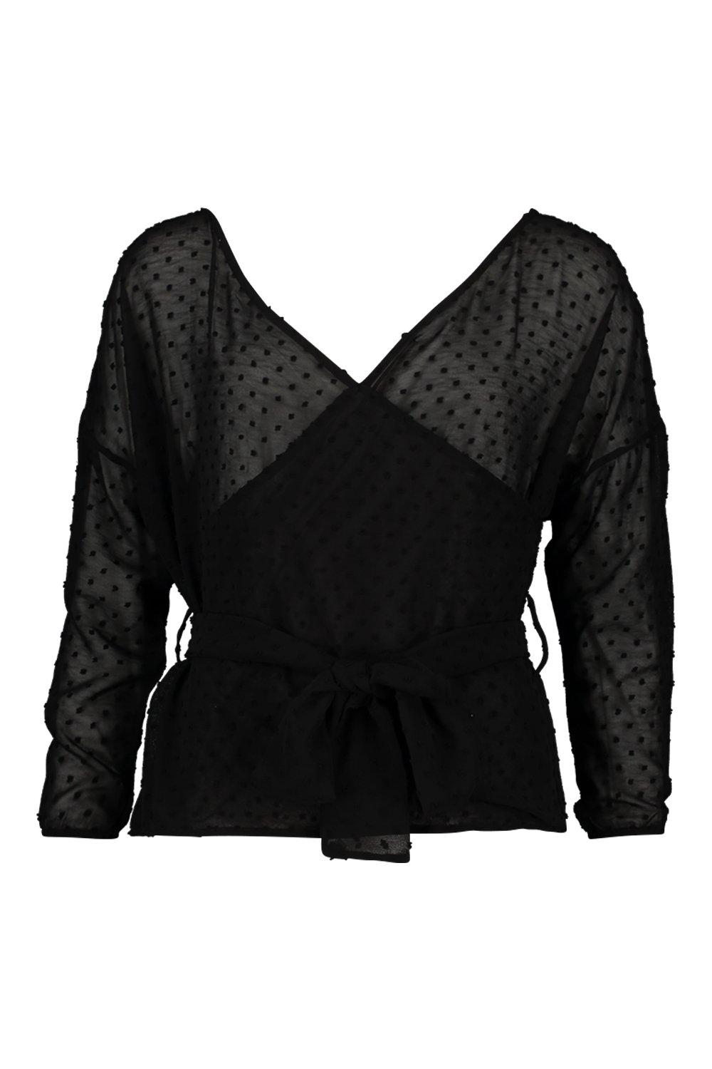 

Petite — Сетчатая блузка из ткани добби с открытыми плечами и поясом, Black