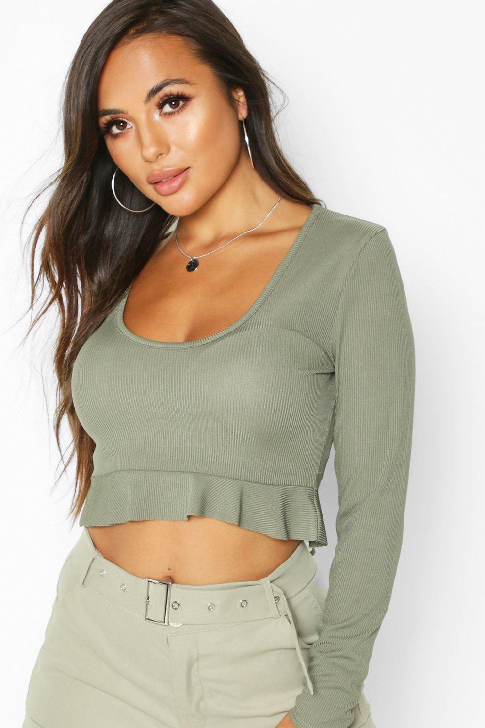 

Petite — Топ с длинными рукавами с волнистым краем, Khaki