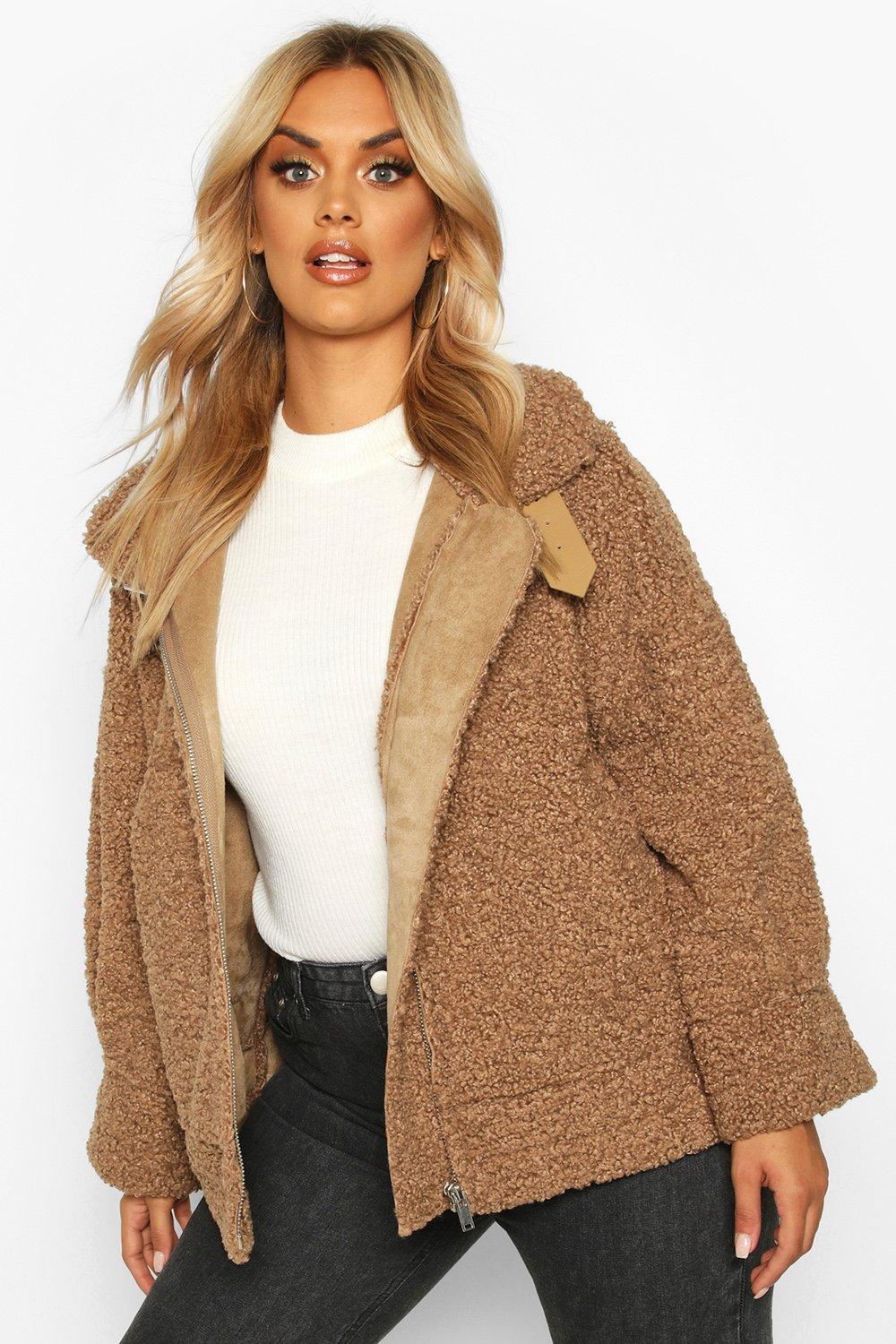 Puffy Tits Dressed Undressed - Plus Teddy Faux Fur Trim Suede Aviator Jacket