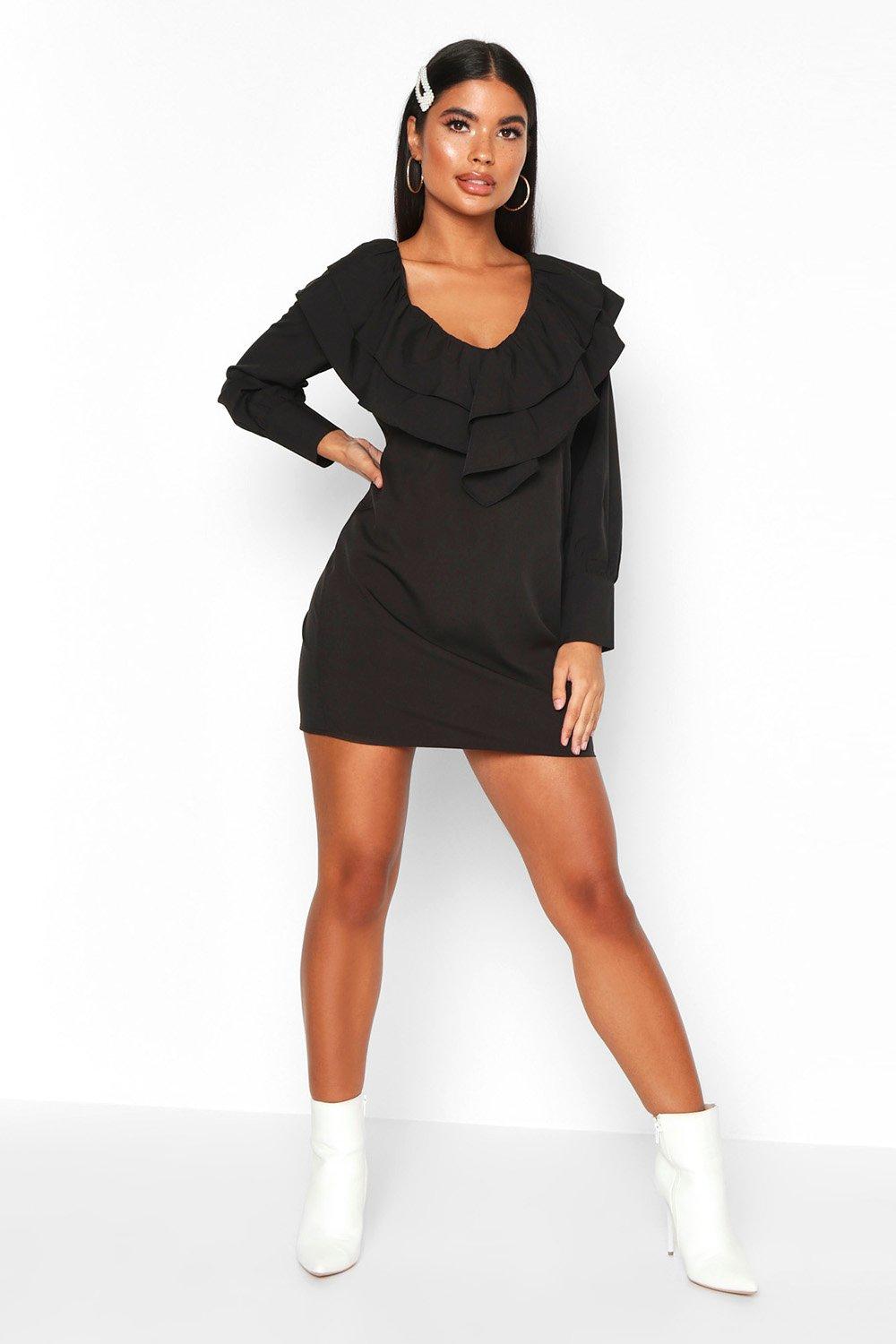 

Petite — Мини платье с глубоким вырезом с оборками, Black