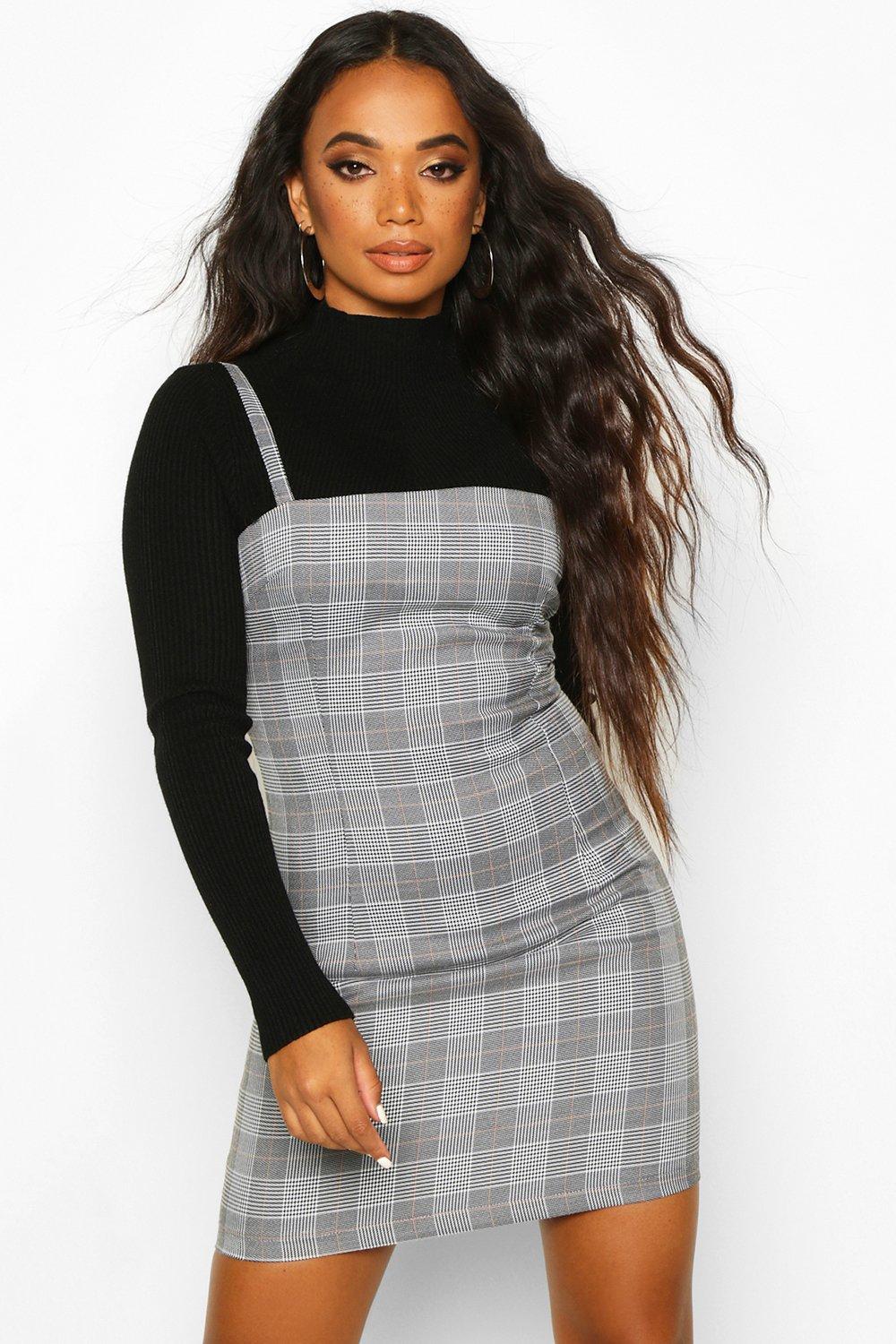 petite checked pinafore dress