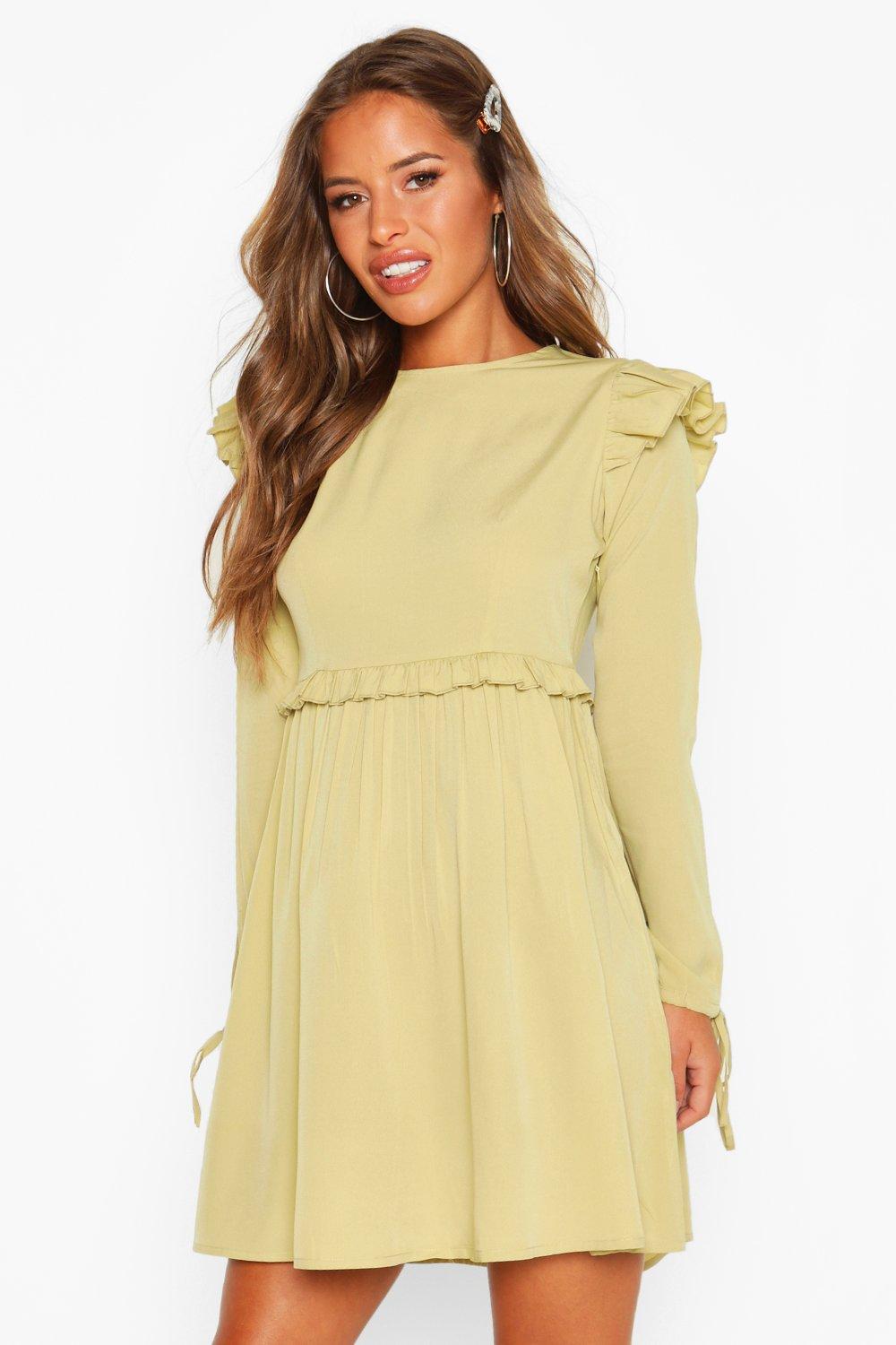 

Petite — Свободное платье с оборками и на завязках, Khaki