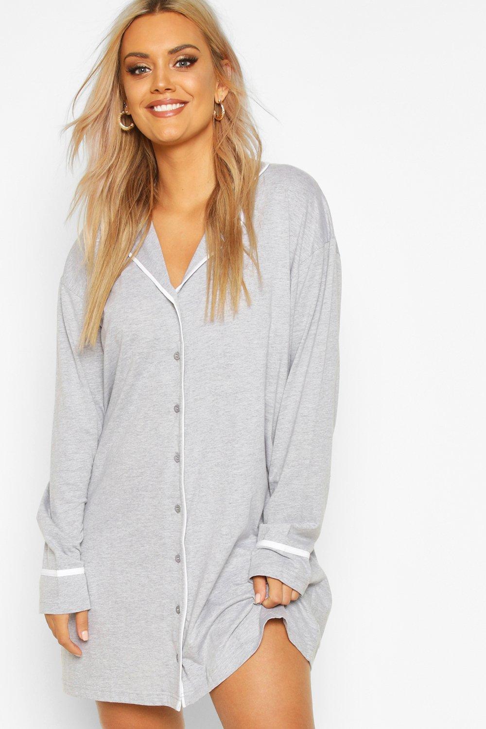 Womens Plus Button Through Night Shirt Dress - Grey - 16, Grey