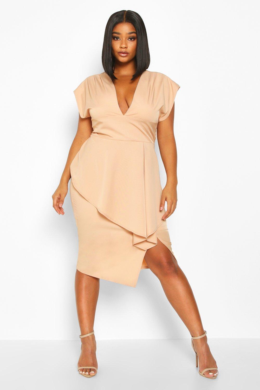 ruffle detail plunge midi dress