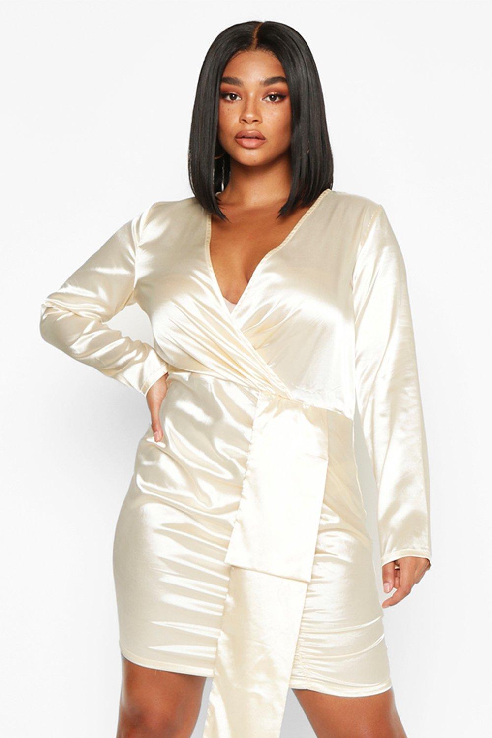 Plus Satin Plunge Ruched Wrap Dress Boohoo Uk
