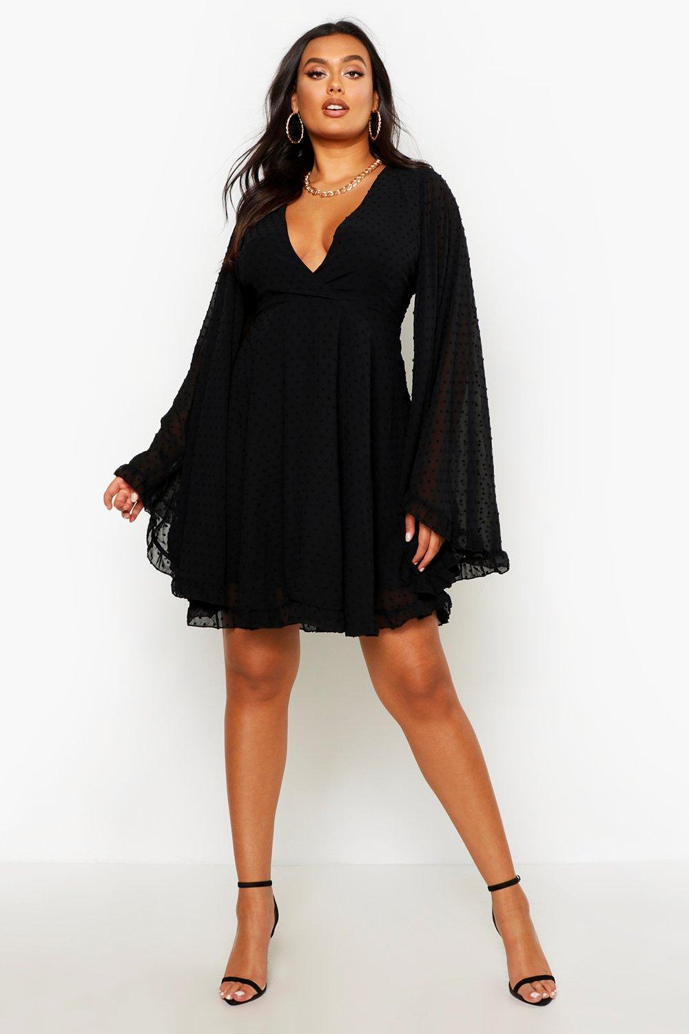 Plus Dobby Chiffon Wide Sleeve Skater Dress Boohoo