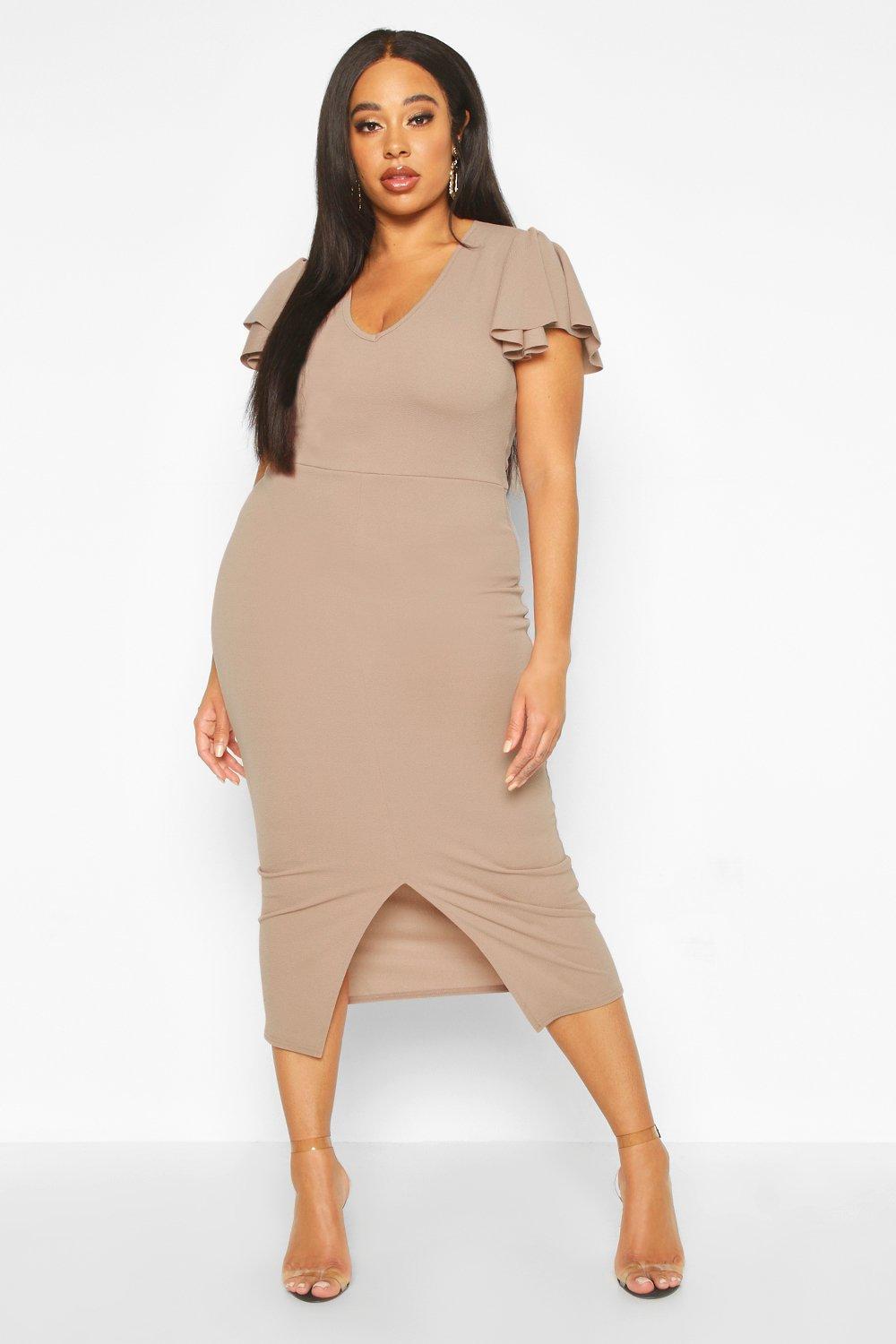 Plus Plunge Ruffle Split Front Midi Dress Boohoo Australia