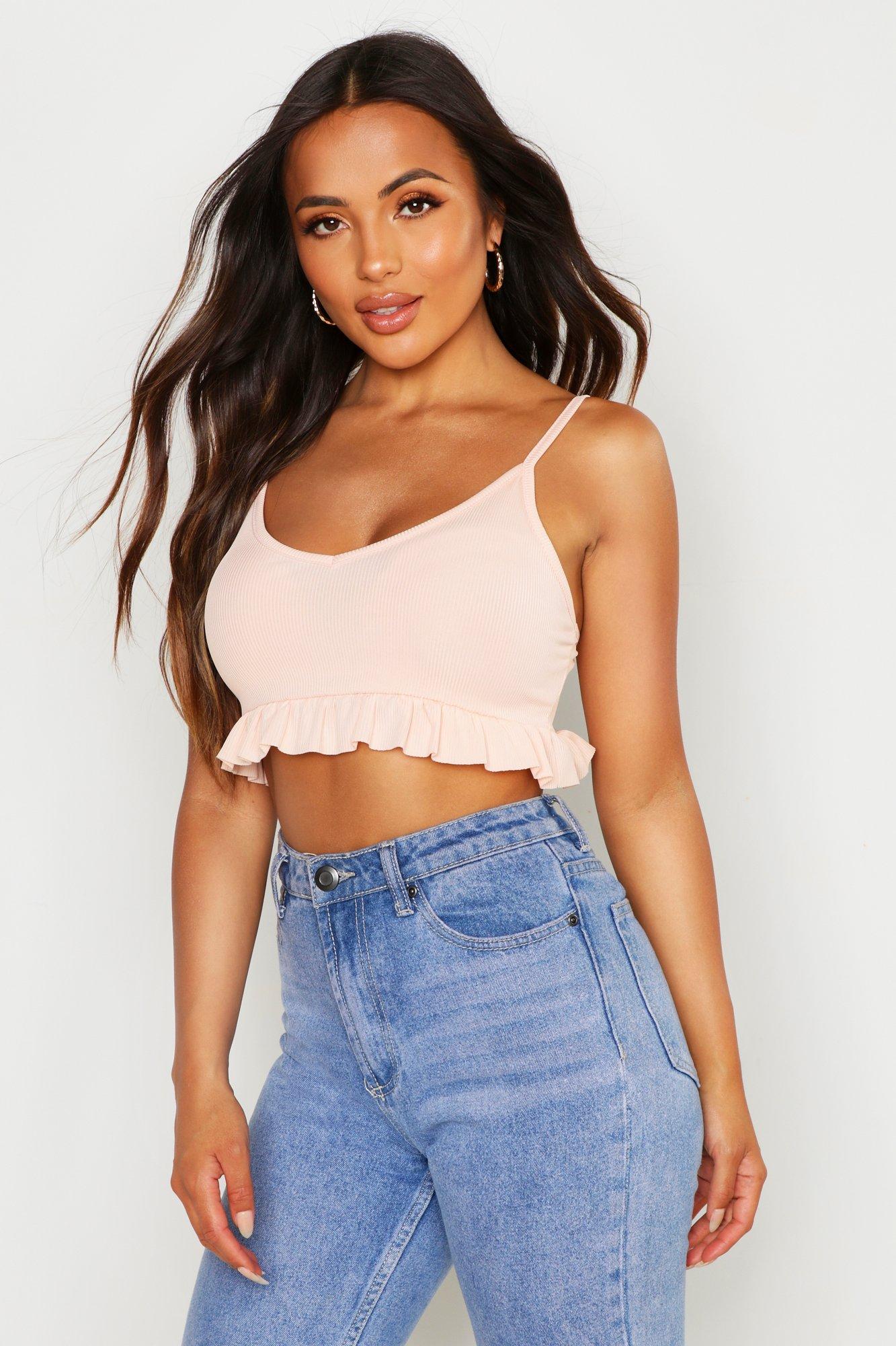 "Petite" - Crop Top Cotele A Volants - Nude/Coquille