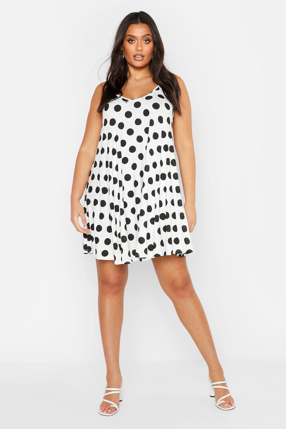 

Plus Polka Dot Basic Swing Dress, White