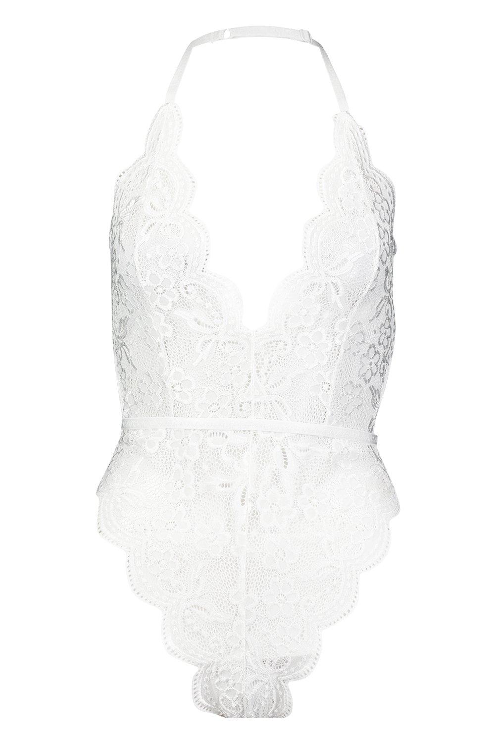 

Petite - Боди из кружева с зубчатым краем с глубоким вырезом, White