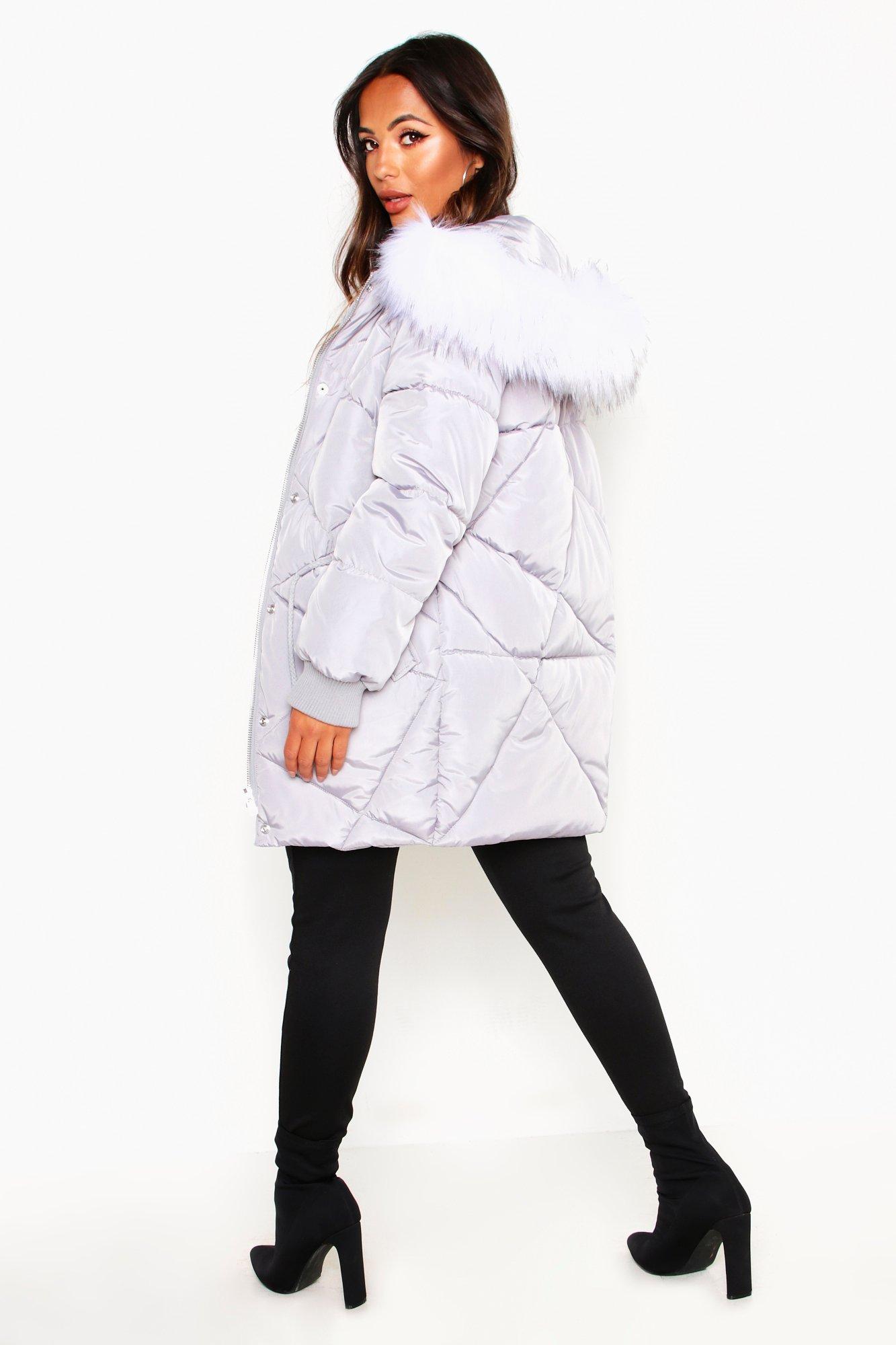 grey padded fur hood coat