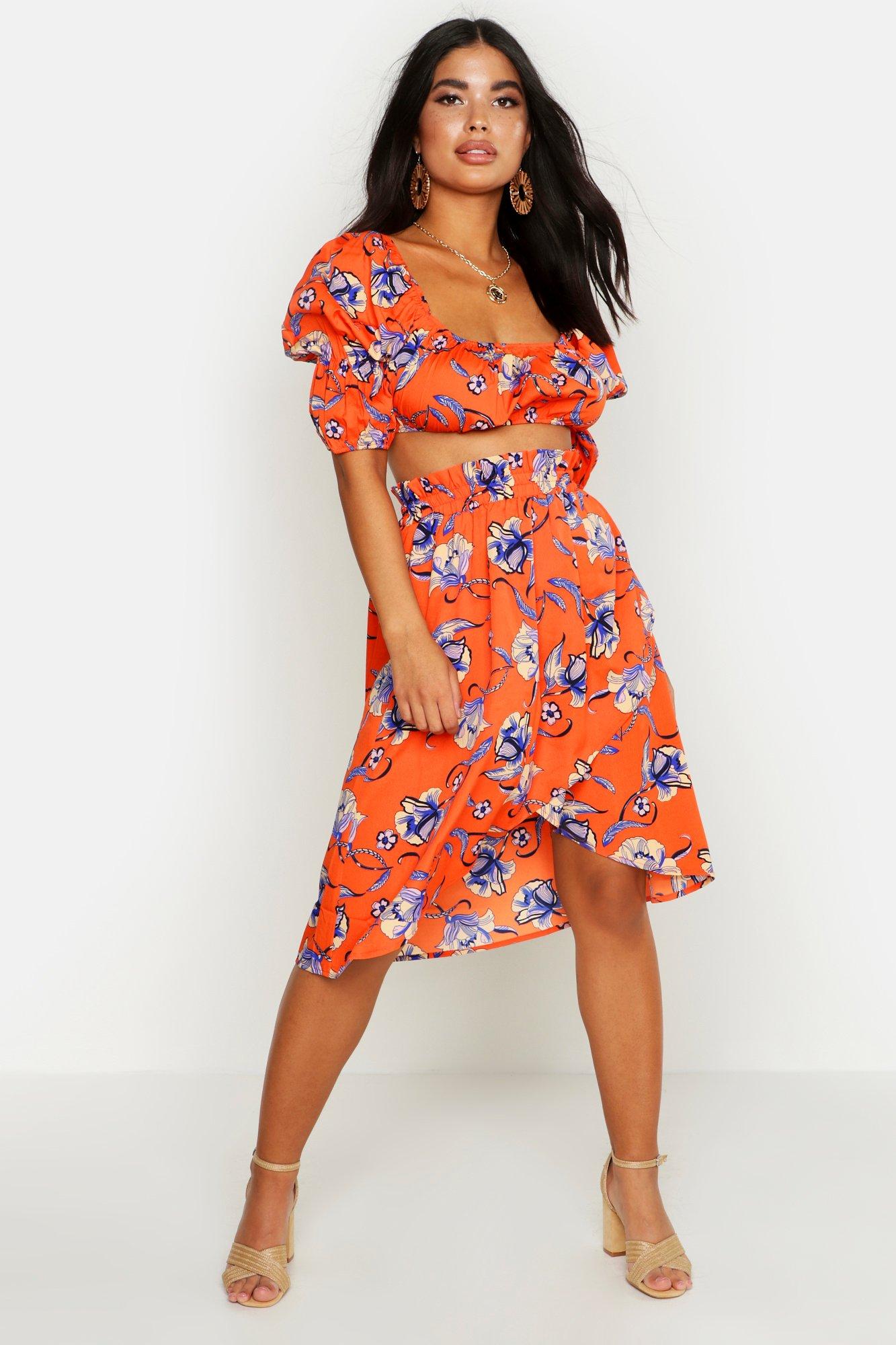 

Petite Floral Peasant Top & Skirt Beach Co-Ord, Orange