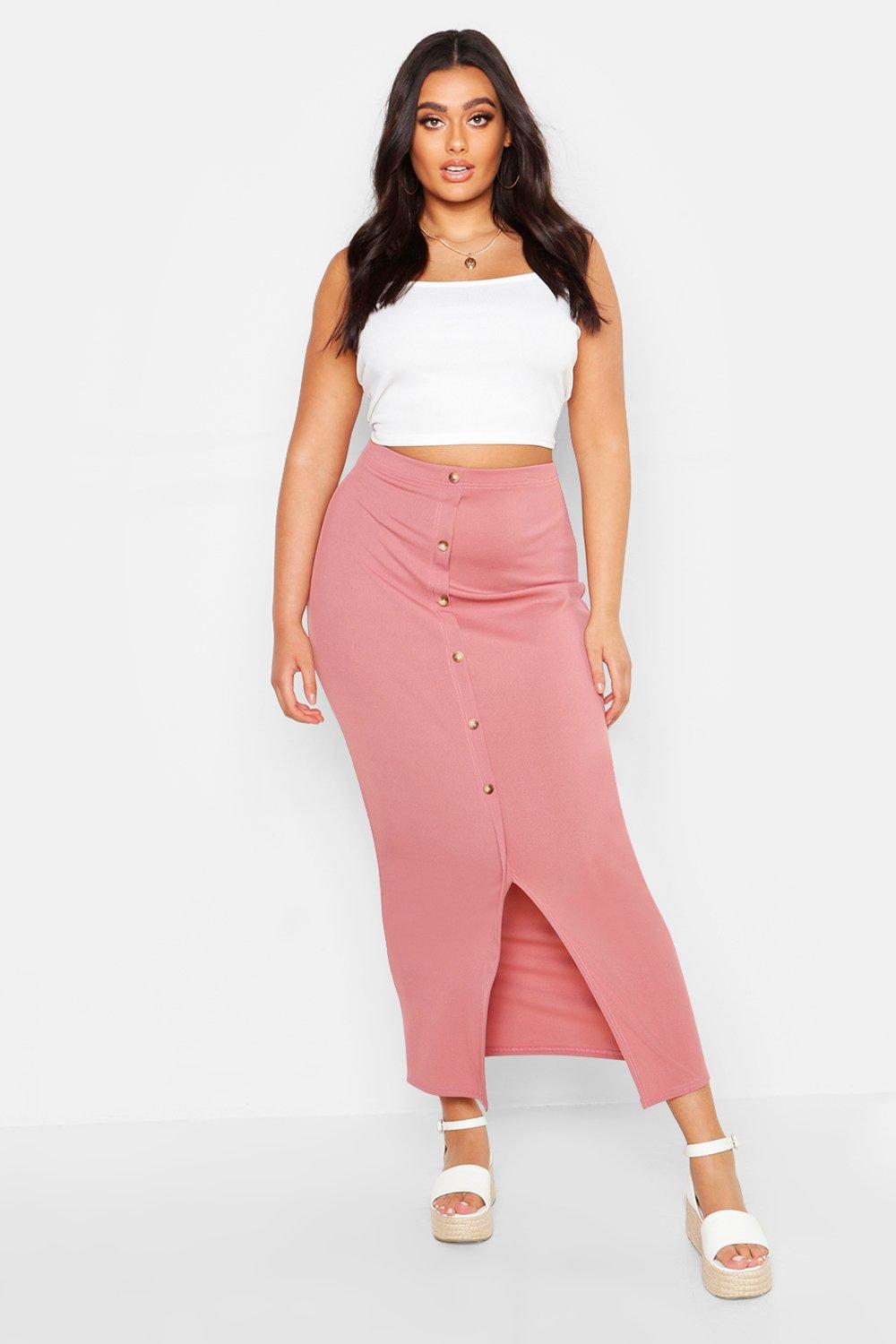 

Plus Rib Button Front Split Maxi Skirt, Black