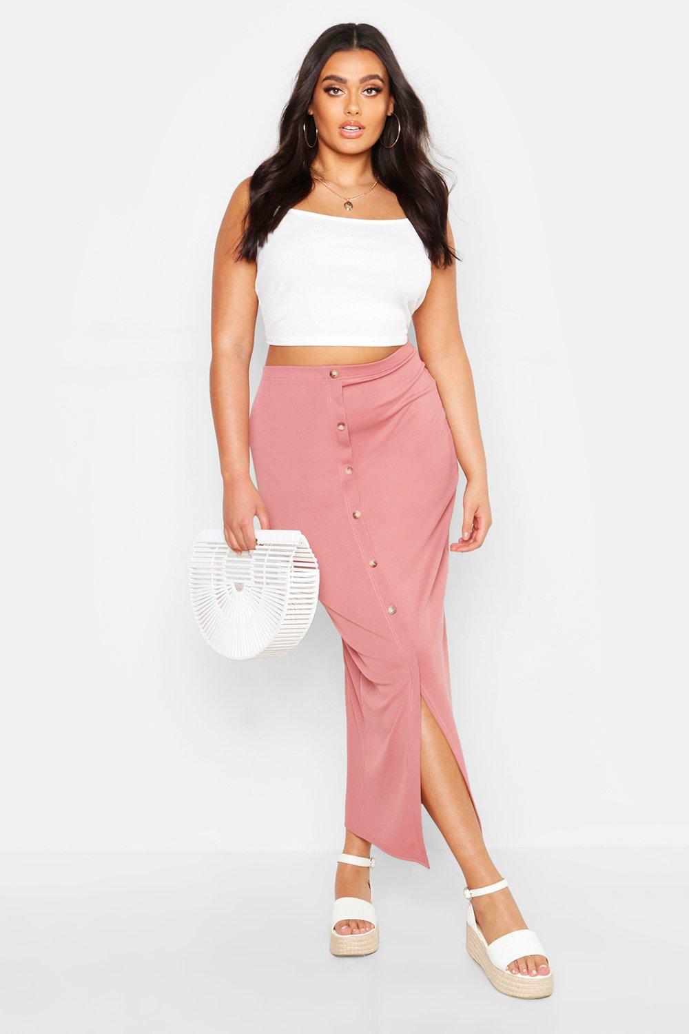 

Plus Rib Button Front Split Maxi Skirt, Light pink