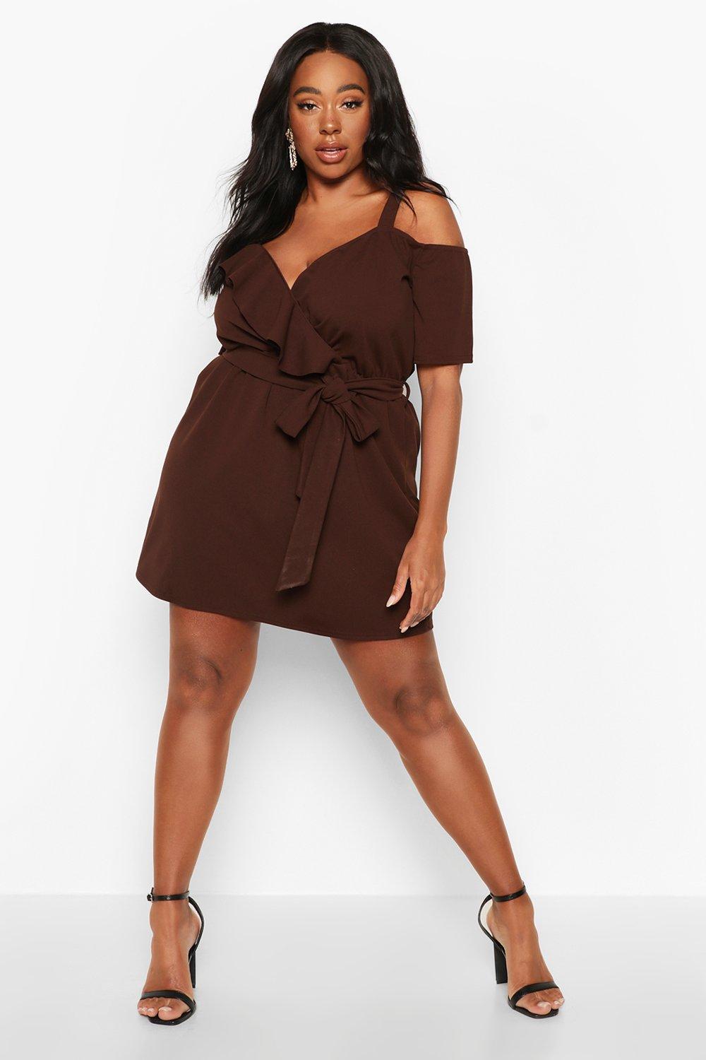 

Plus Plunge Ruffle Belted Mini Dress, Chocolate