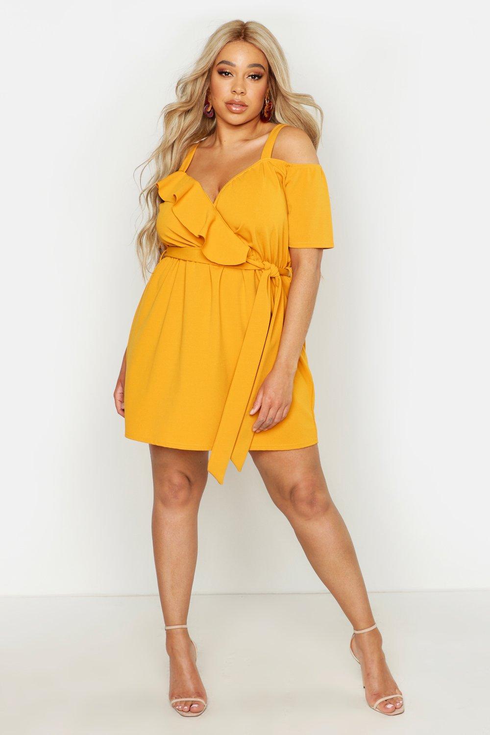 

Plus Plunge Ruffle Belted Mini Dress, Mustard