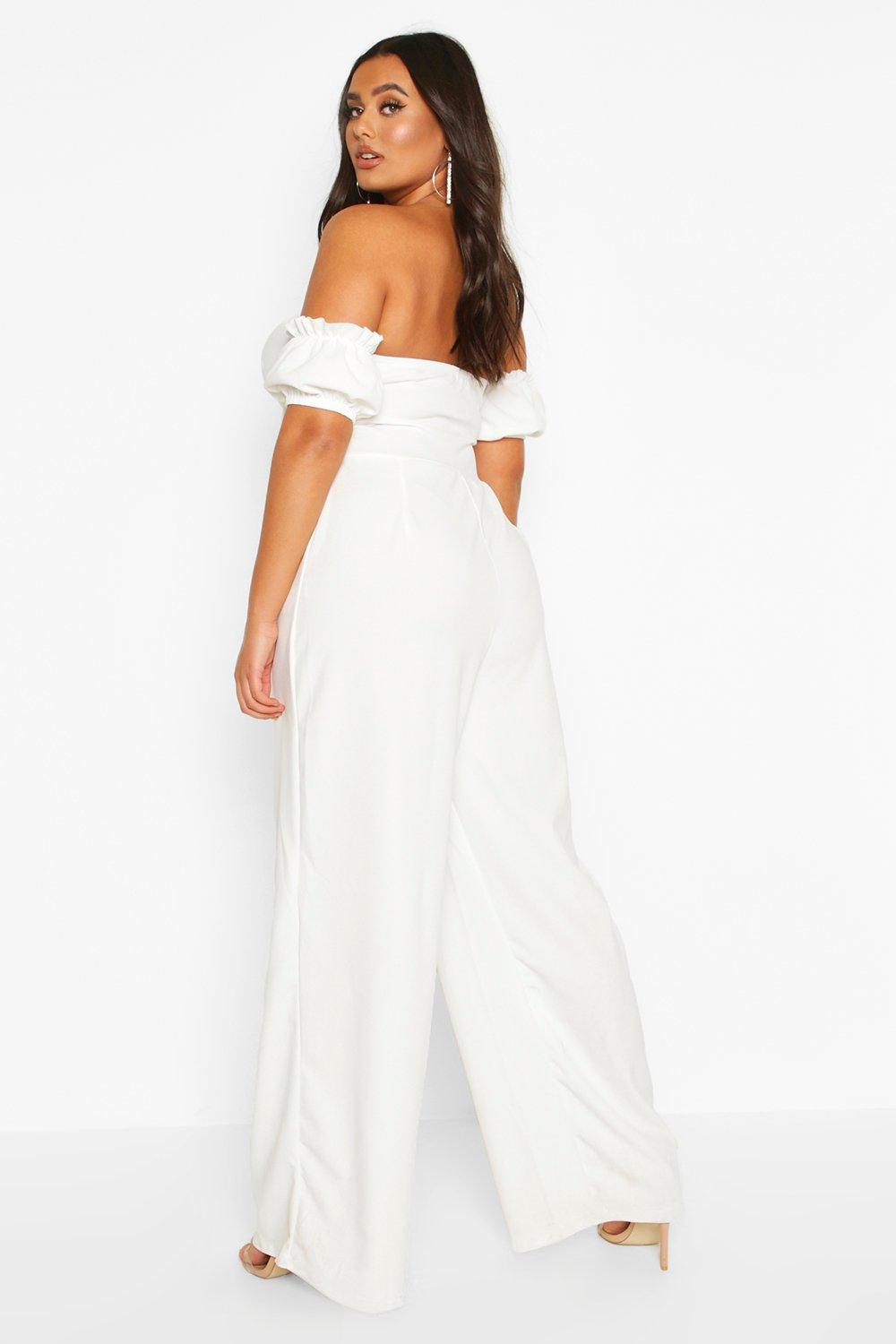 

Plus Off Shoulder Tie Front Wide Leg Jumpsuit, Black