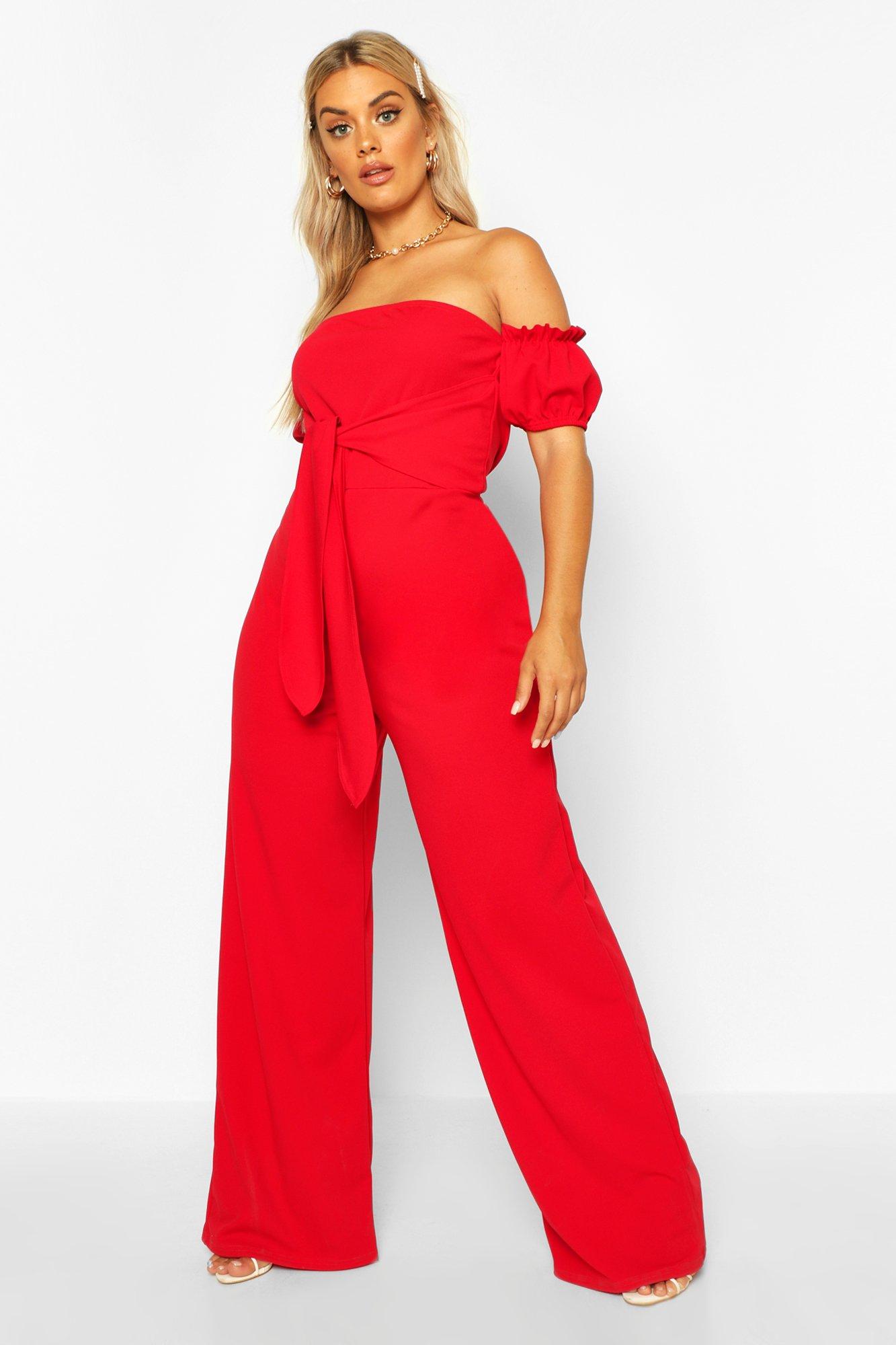 

Plus Off Shoulder Tie Front Wide Leg Jumpsuit, Red
