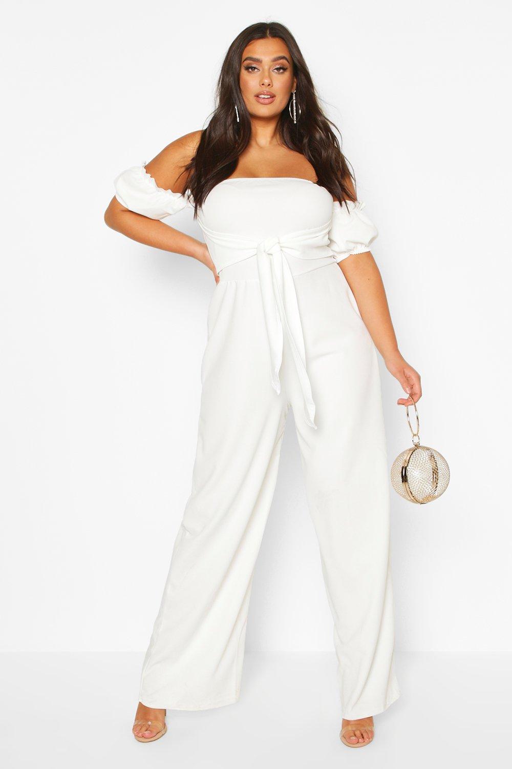 

Plus Off Shoulder Tie Front Wide Leg Jumpsuit, White