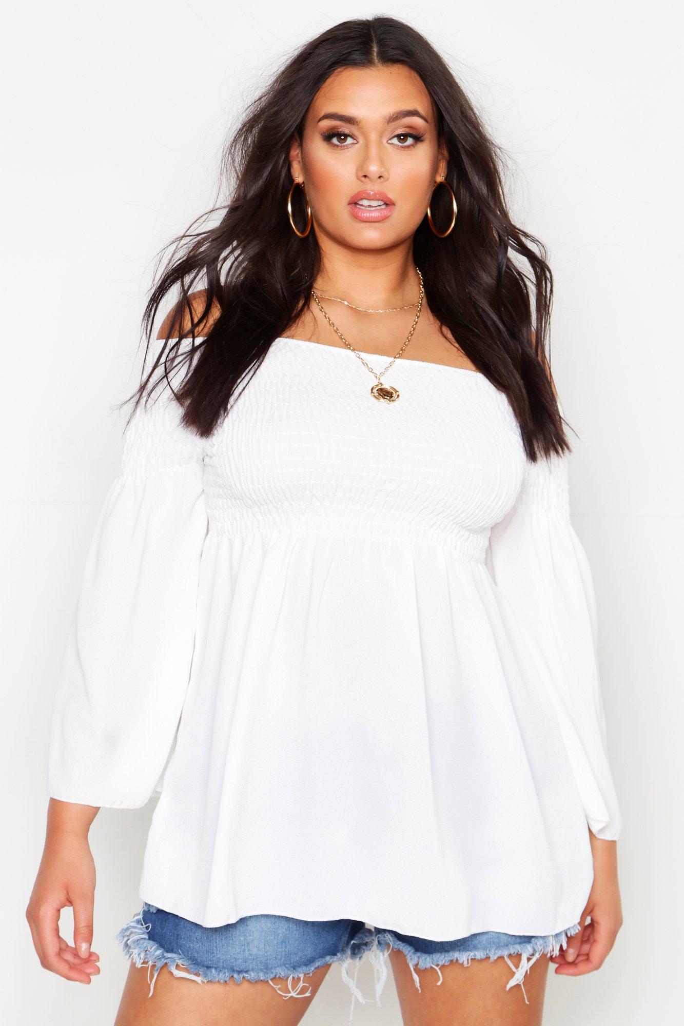 

Plus Shirred Off Shoulder Smock Top, White