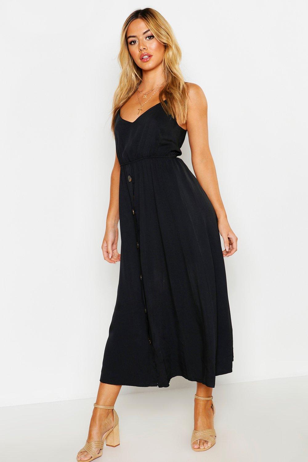 

Petite Horn Button Strappy Sun Dress, Black