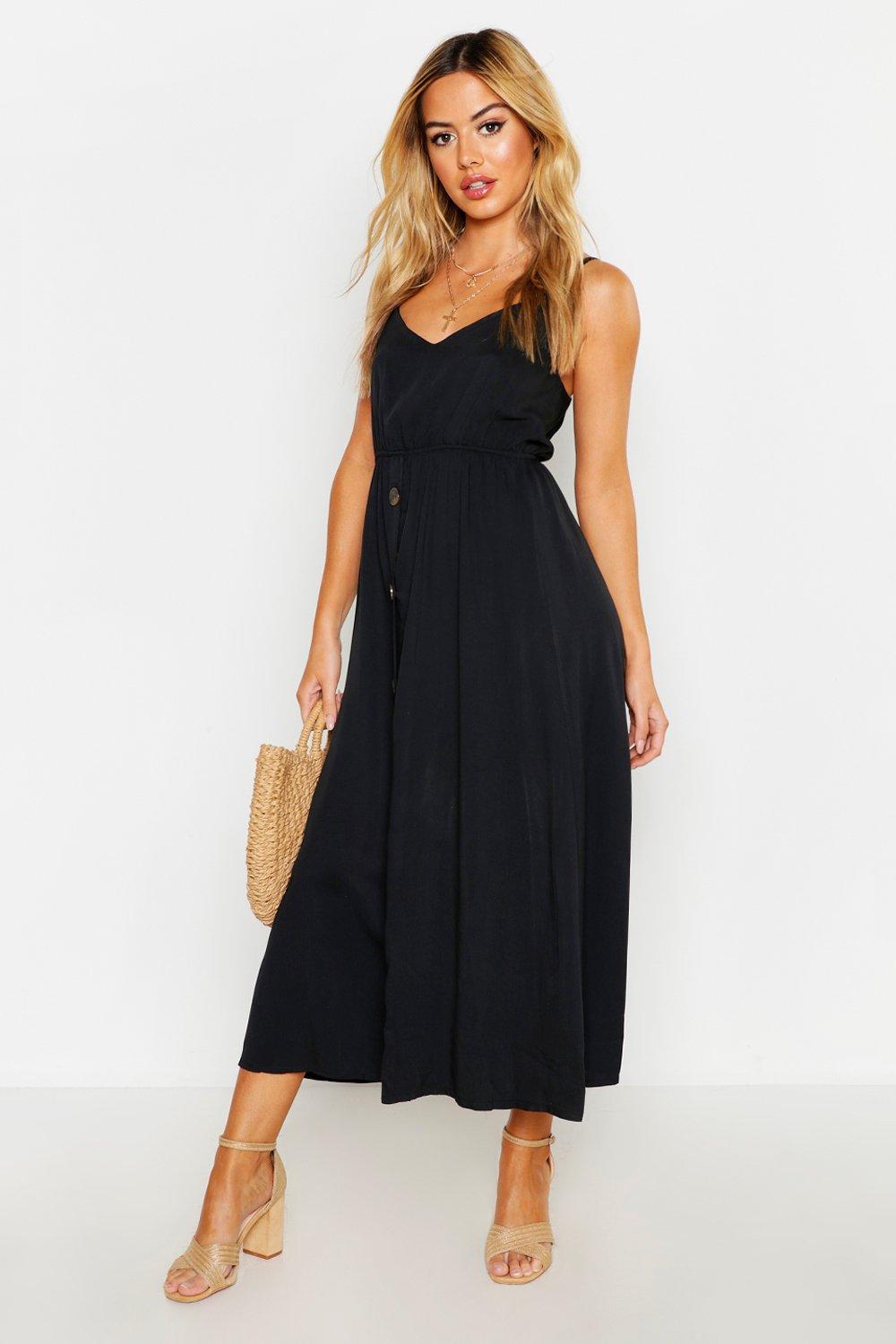 

Petite Horn Button Strappy Sun Dress, Tan