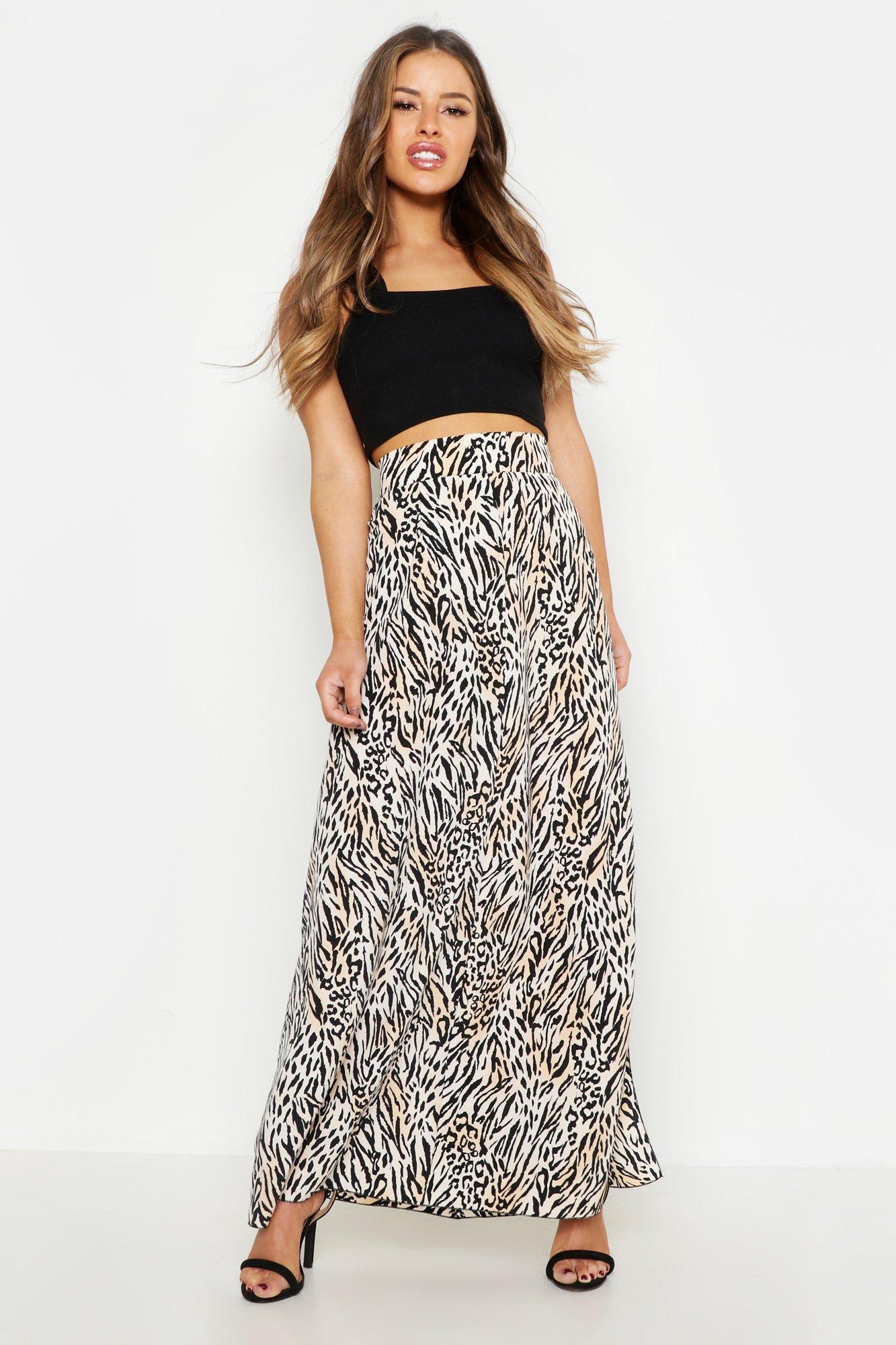 

Petite Animal Print Woven Split Maxi Skirt, Tan