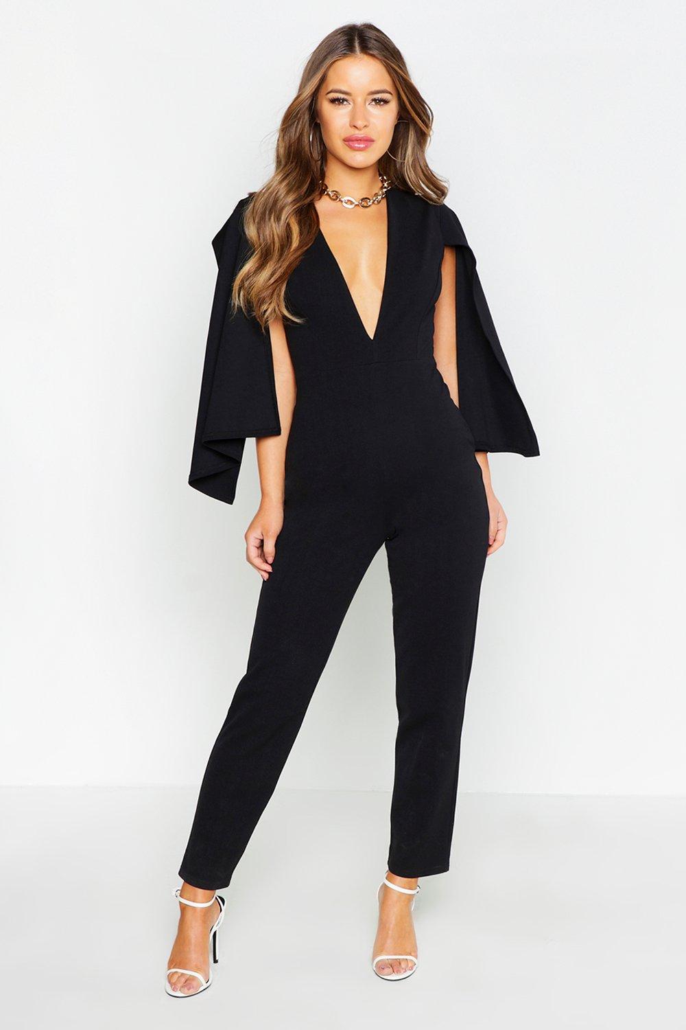 black jumpsuit with cape sleeves