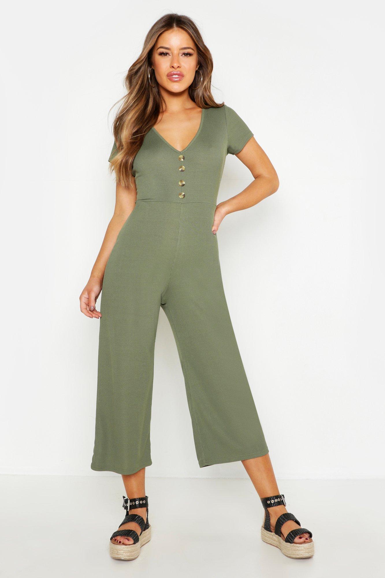 Womens Petite Rib Mock Horn Button Culotte Jumpsuit - Green - 4, Green