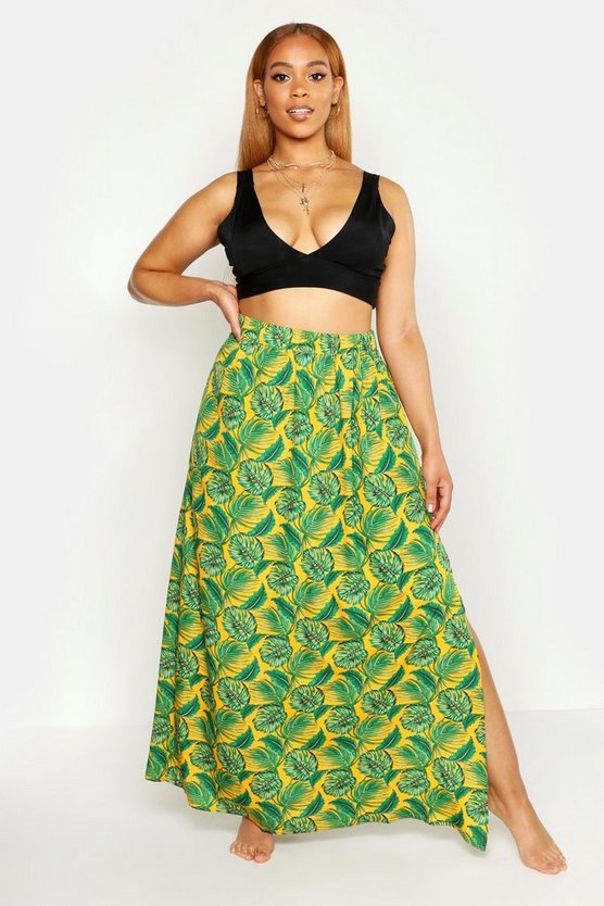 Plus Palm Print Floor Sweeping Side Split Maxi Skirt | Boohoo