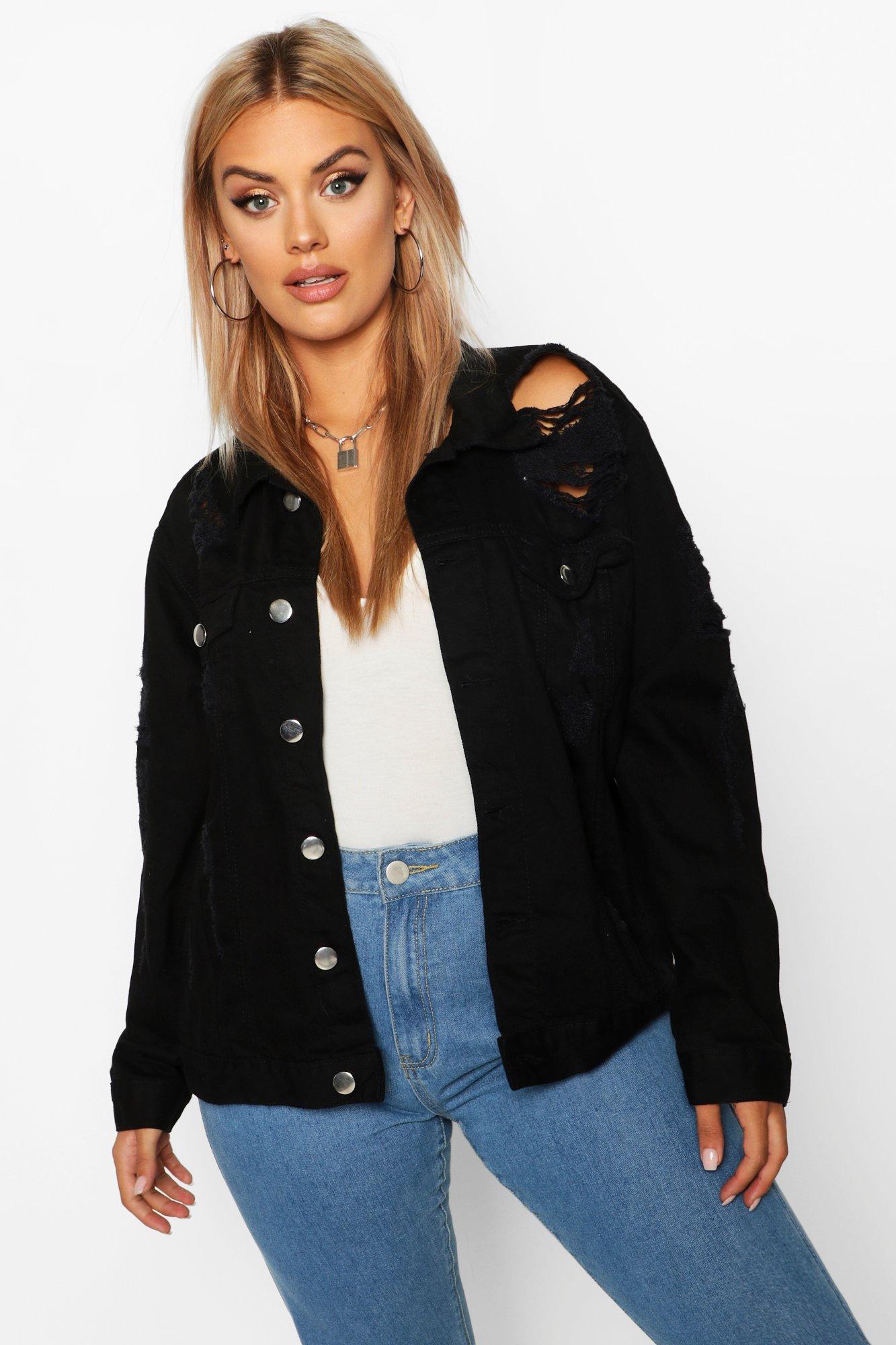 oversized distressed black denim jacket