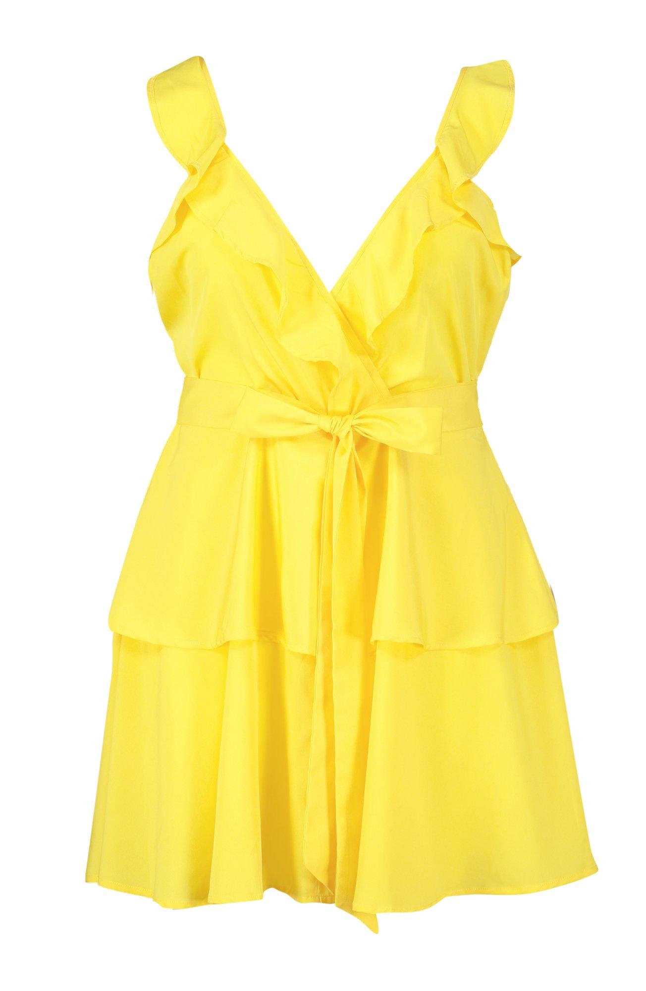 

Платье «Плюс сайз» с оборками и завязками на талии, Yellow