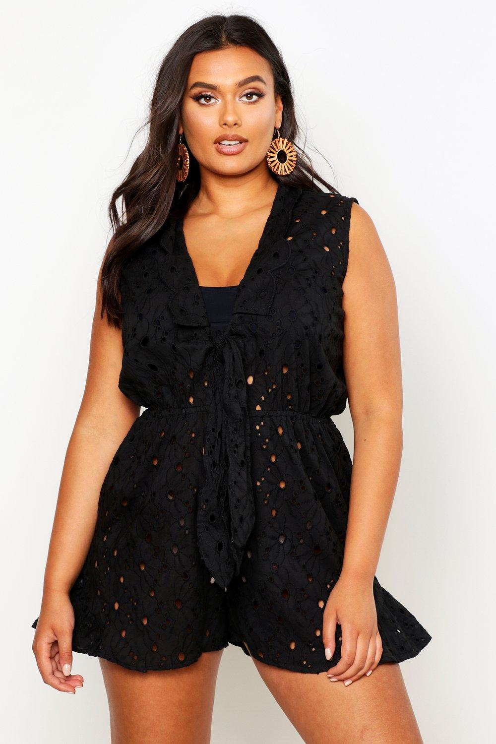 Plus Beach Broderie Anglaise Tie Front Playsuit | Boohoo