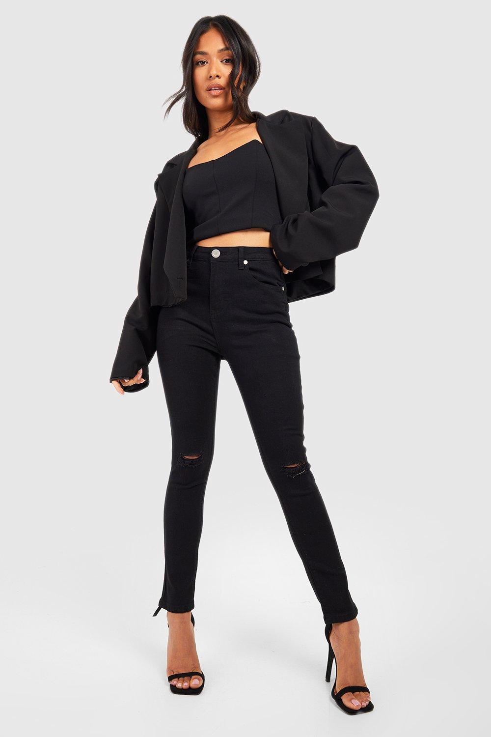 Boohoo Petite Versleten High Rise Skinny Jeans, Black