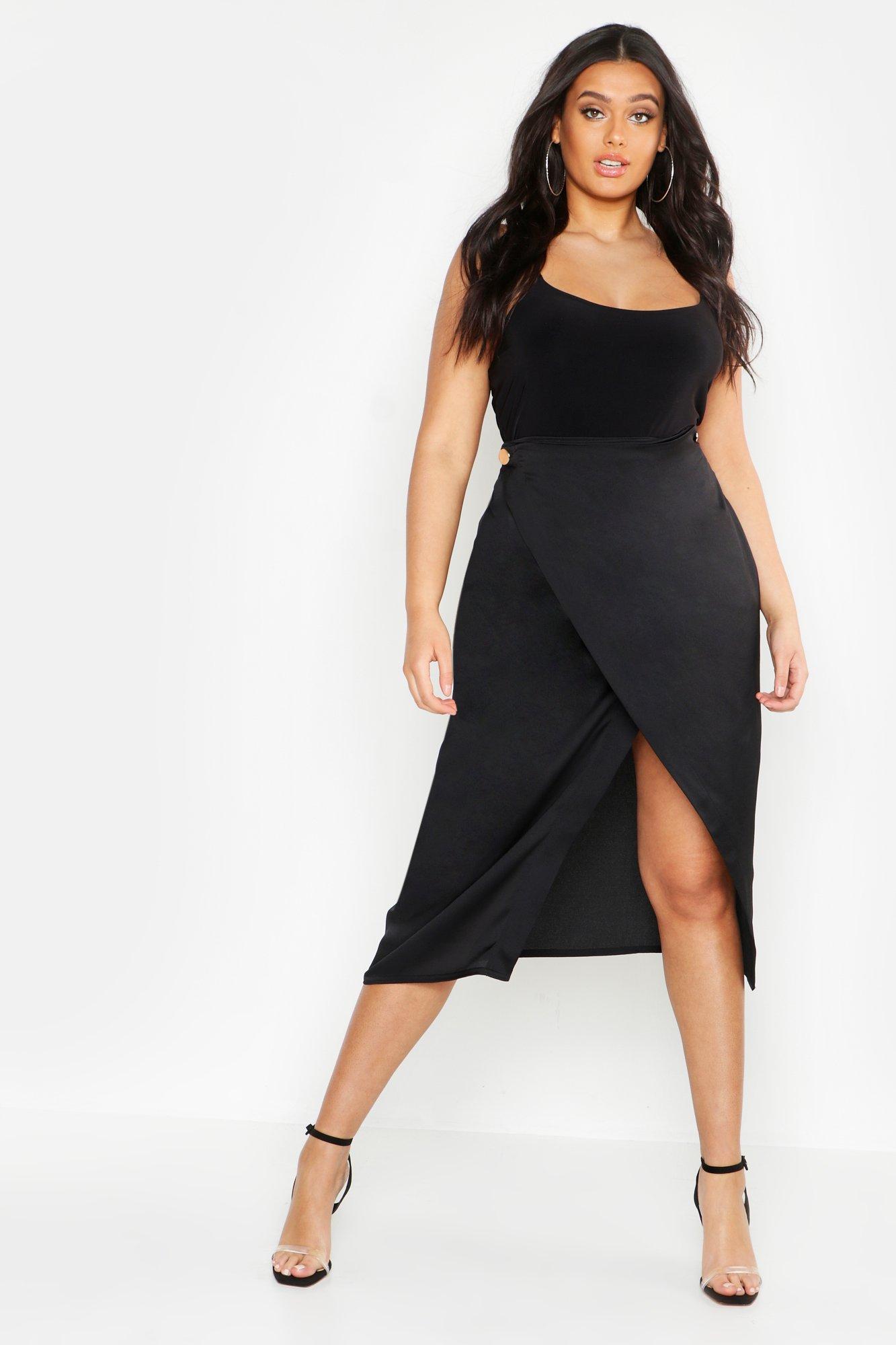 

Plus Button Satin Wrap Midi Skirt, Black
