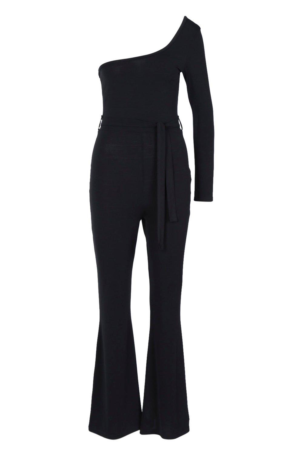 one shoulder flared jumpsuit