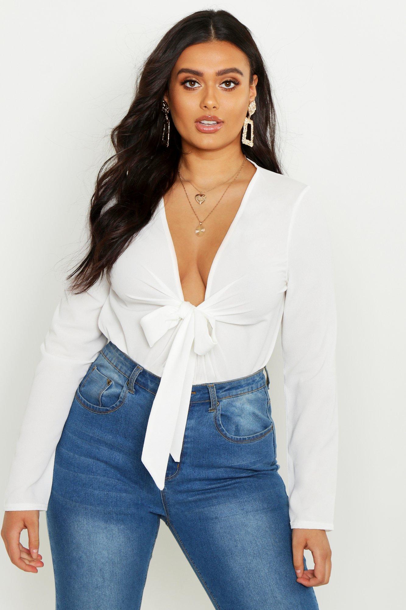 

Plus Woven Tie Front Bodysuit, White