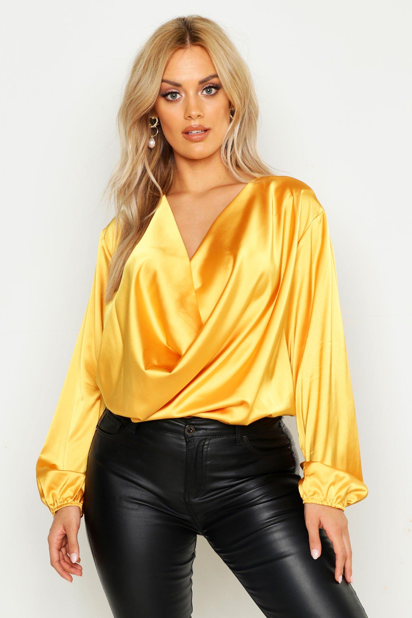 

Plus Satin Cowl Long Sleeve Blouse, Mustard