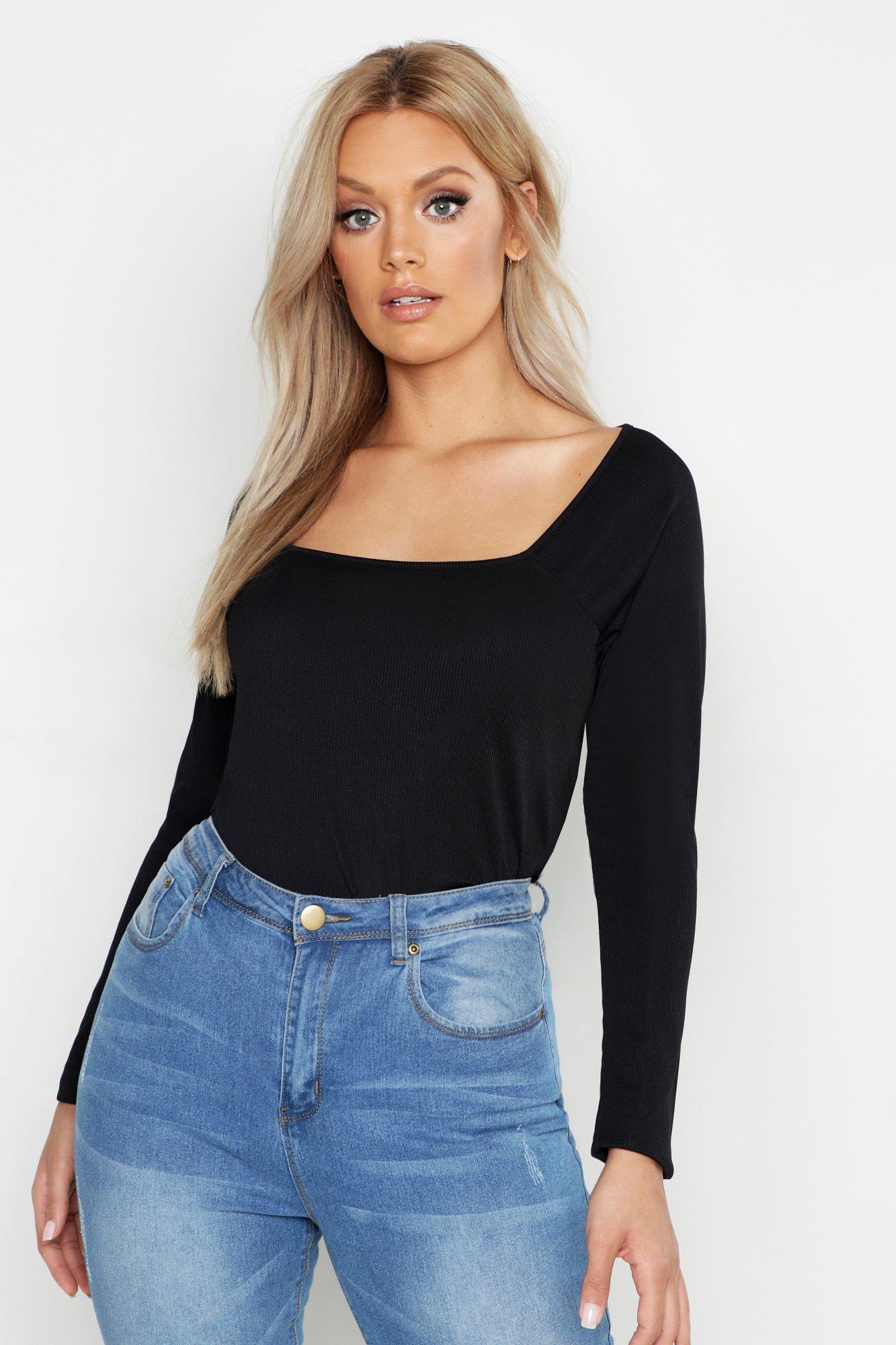 Boohoo Womens Plus Rib Square Neck Fitted Top | eBay