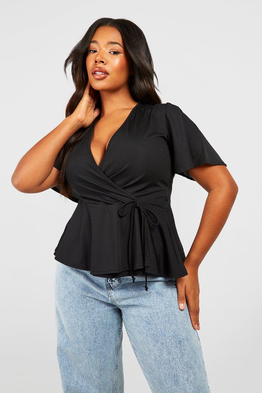 Plus Rib Wrap Cap Sleeve Peplum Top | Boohoo