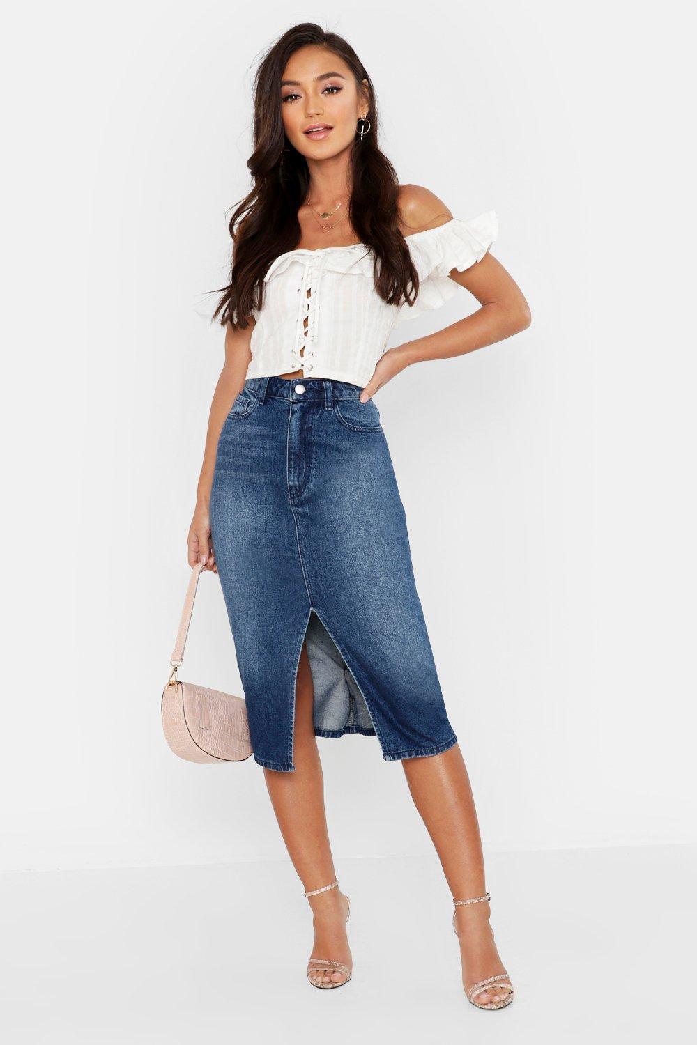 midi denim skirt with front split