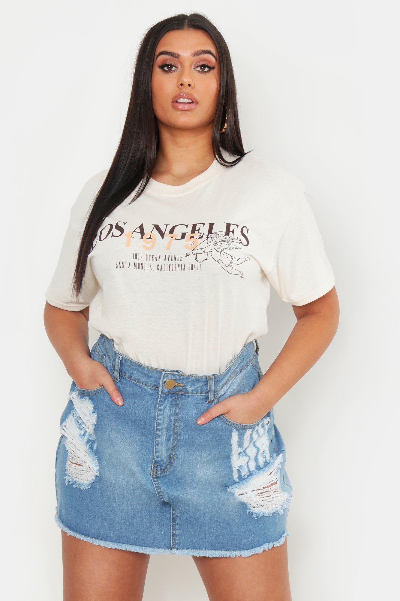 t shirt and denim skirt